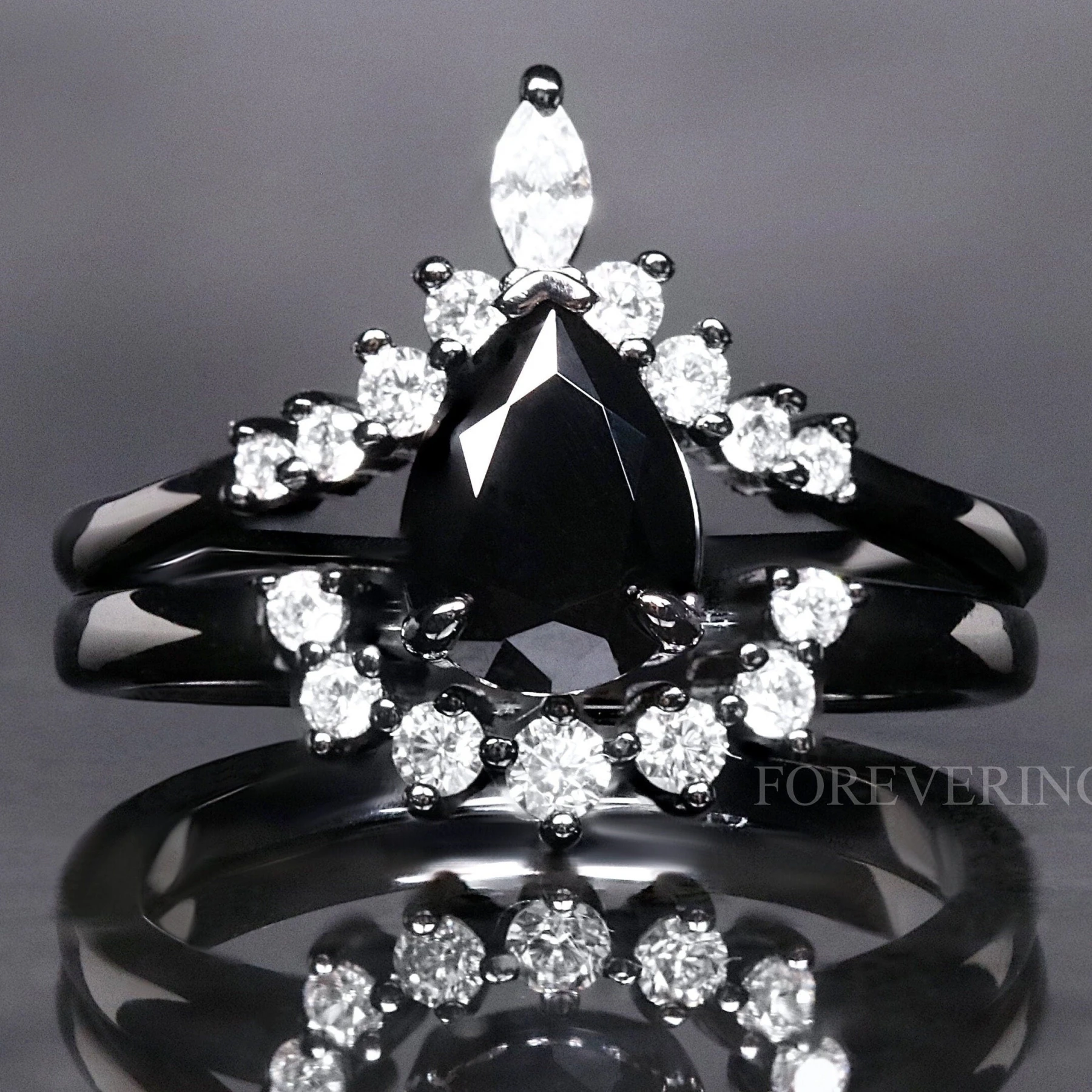 Black Onyx Modern Women Engagement Ring Set, 925 Sterling Silver Ring