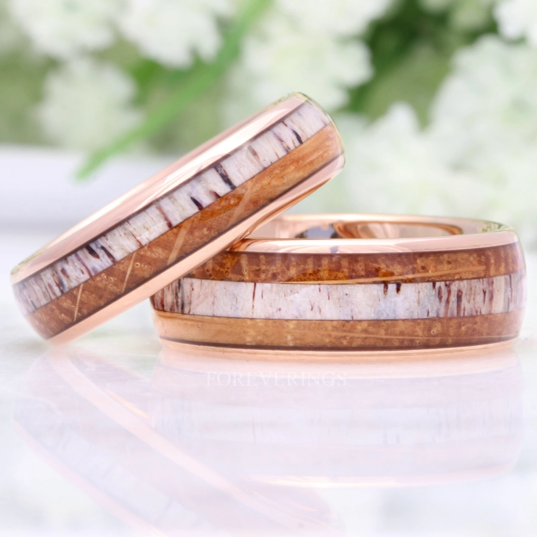 Mens Wood Whiskey Barrel and Antler Ring, Rose Gold Tungsten Ring