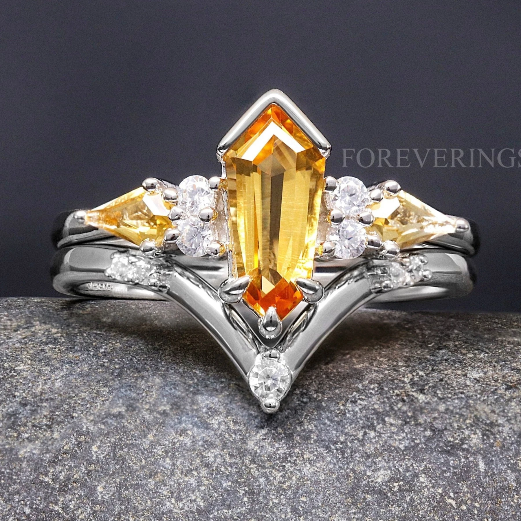 Citrine Engagement Ring Set Coffin Kite Cut, 925 Sterling Silver Ring