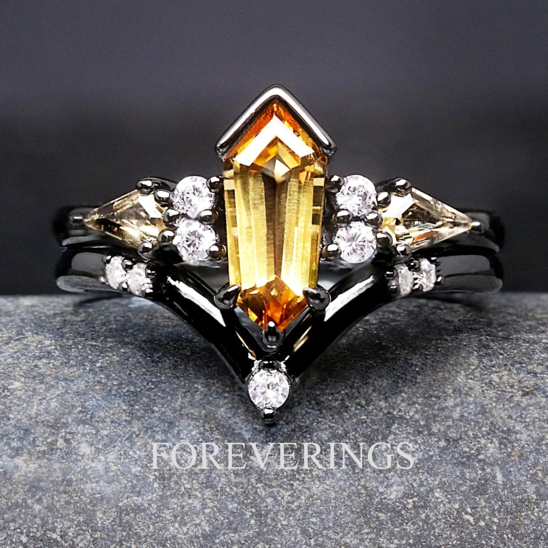 Citrine Engagement Ring Coffin Kite, Black Alternative Wedding Ring