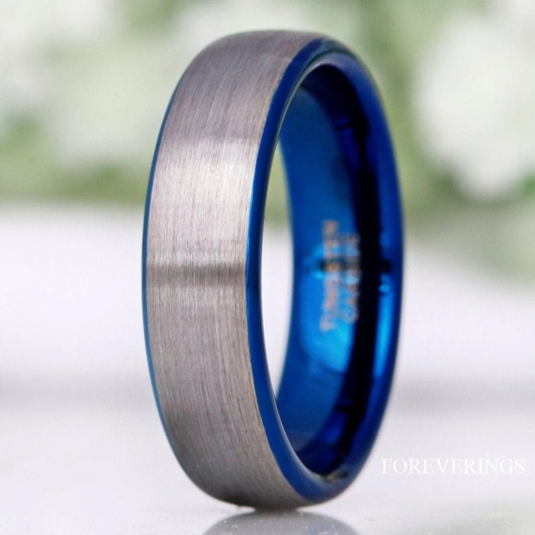 Blue Silver Two Tone Mens Wedding Band, 6mm Matte Tungsten Ring