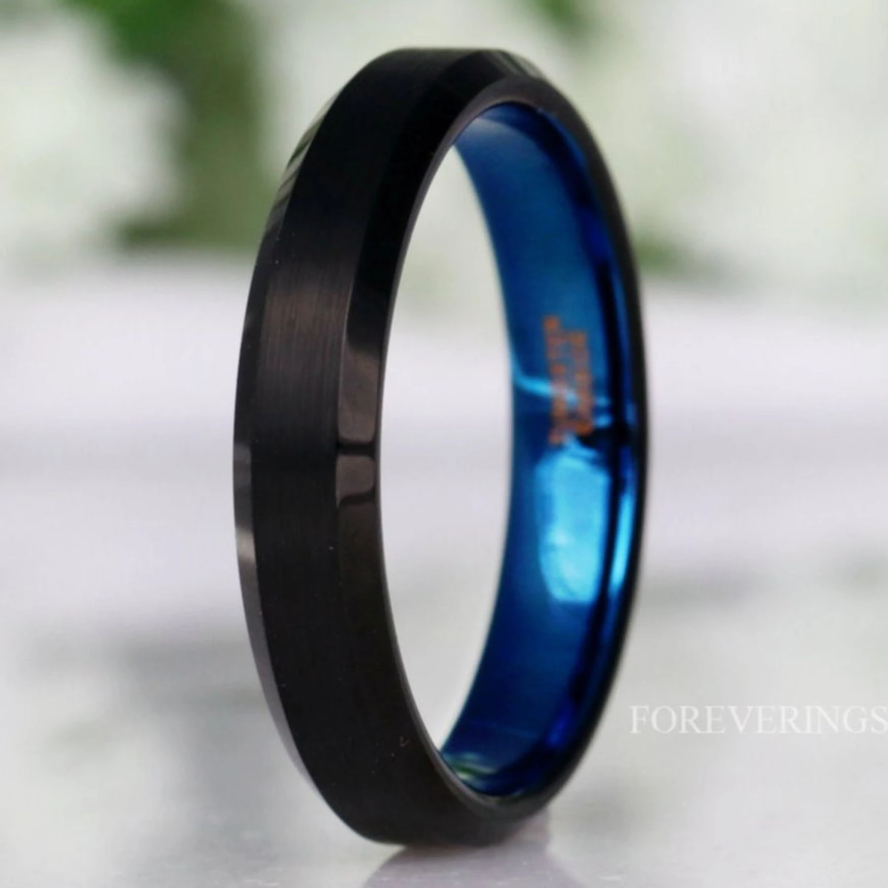 Blue Two Tone Ring, Matte Black Men Women Wedding Band