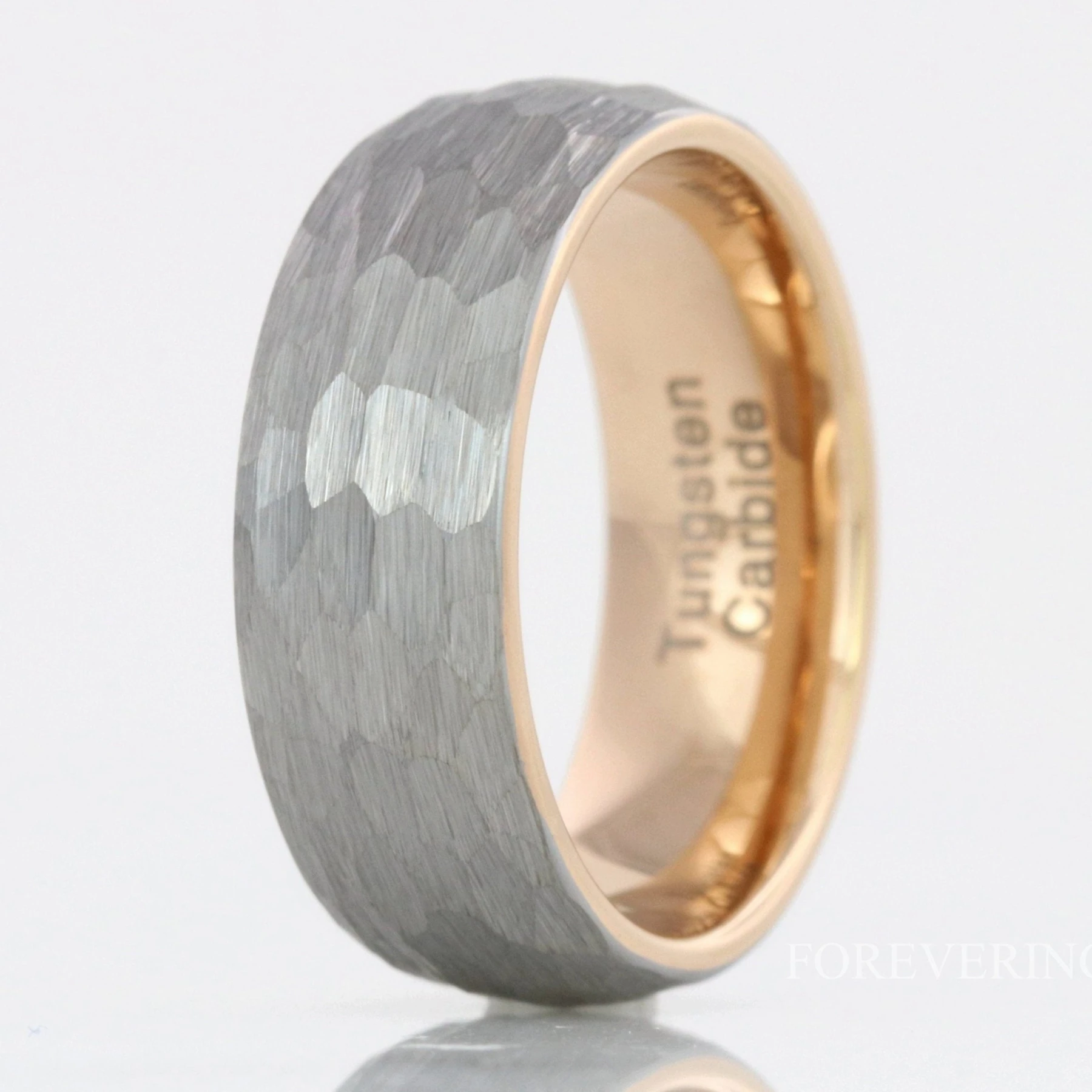 Hammered Rose Gold Tungsten Wedding Band for Men, 8mm Brushed Ring