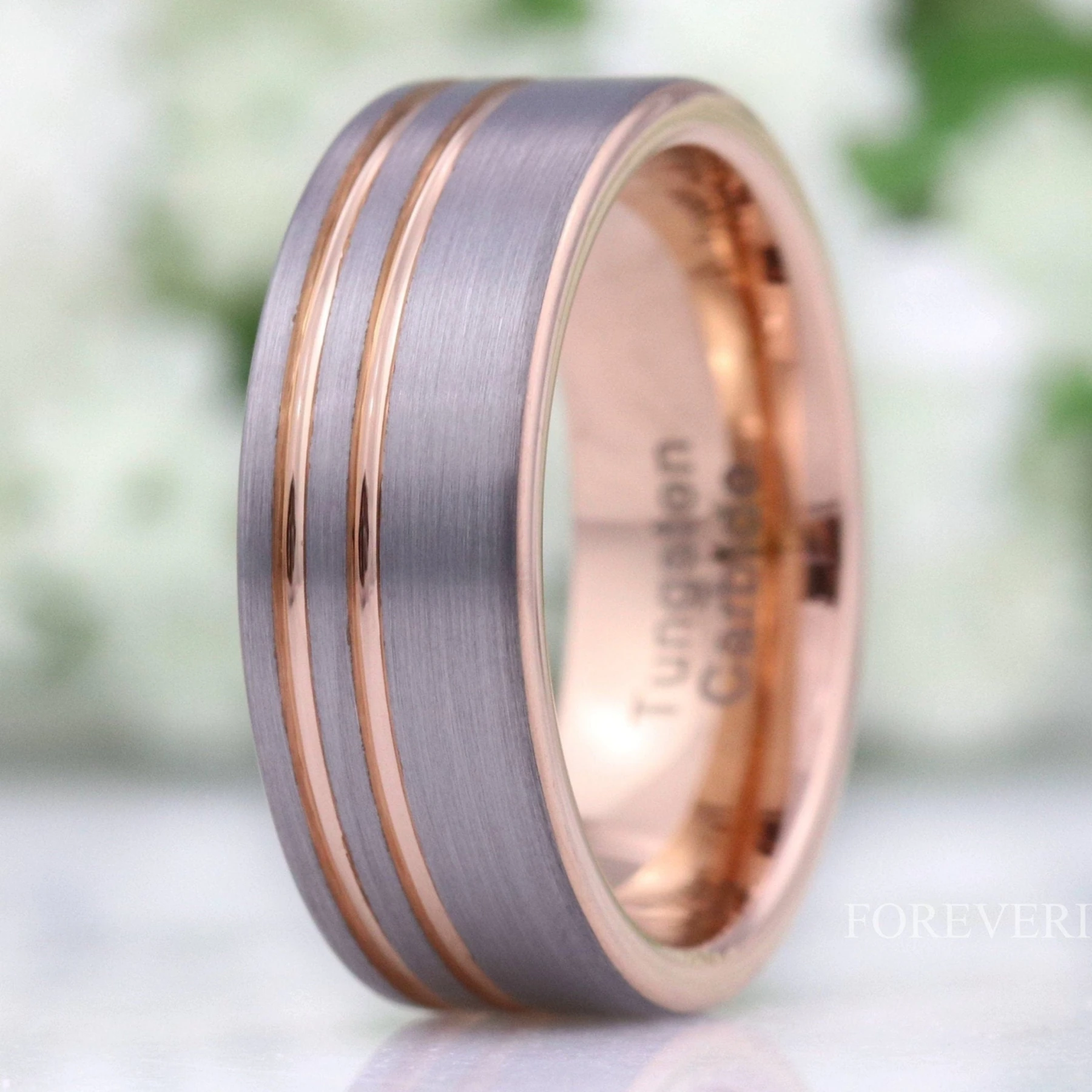 Rose Gold Mens Wedding Band with Offset Groove, 8mm Tungsten Ring