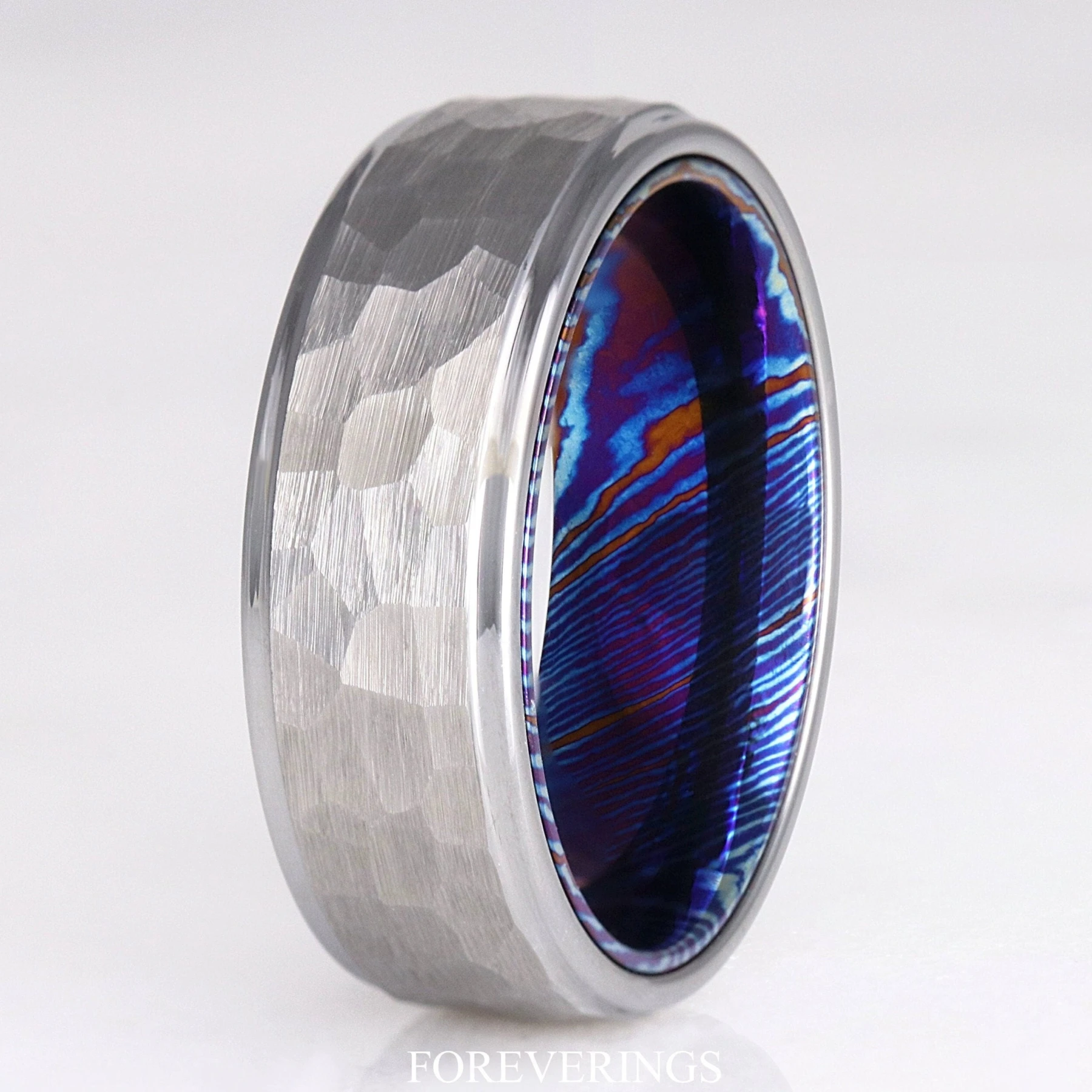 Timascus Hammered Band, Man Wedding Ring, 8mm Silver Tungsten Band