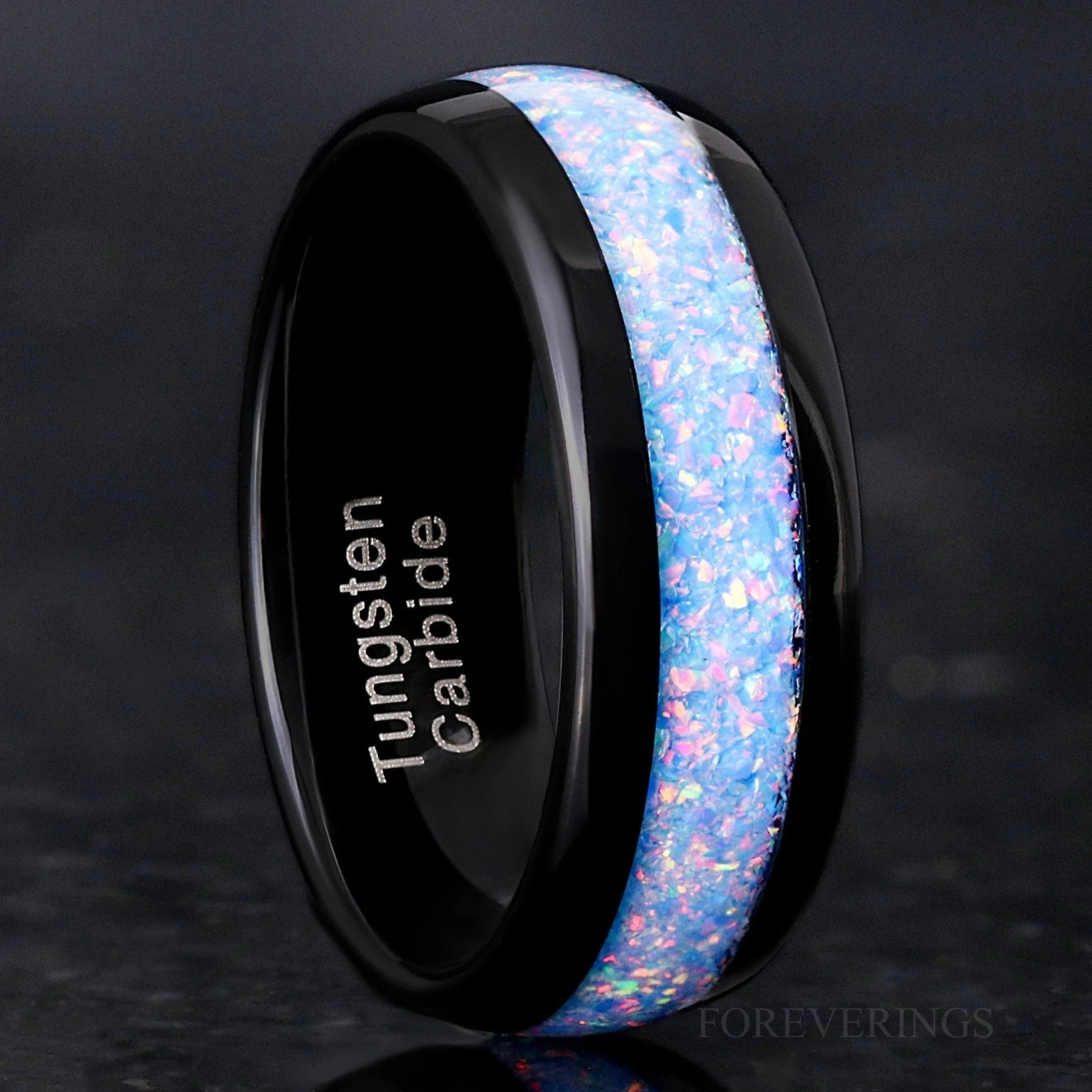 Rainbow Fire Opal Inlay Black Tungsten Wedding Band | Men's Dome 8mm Ring
