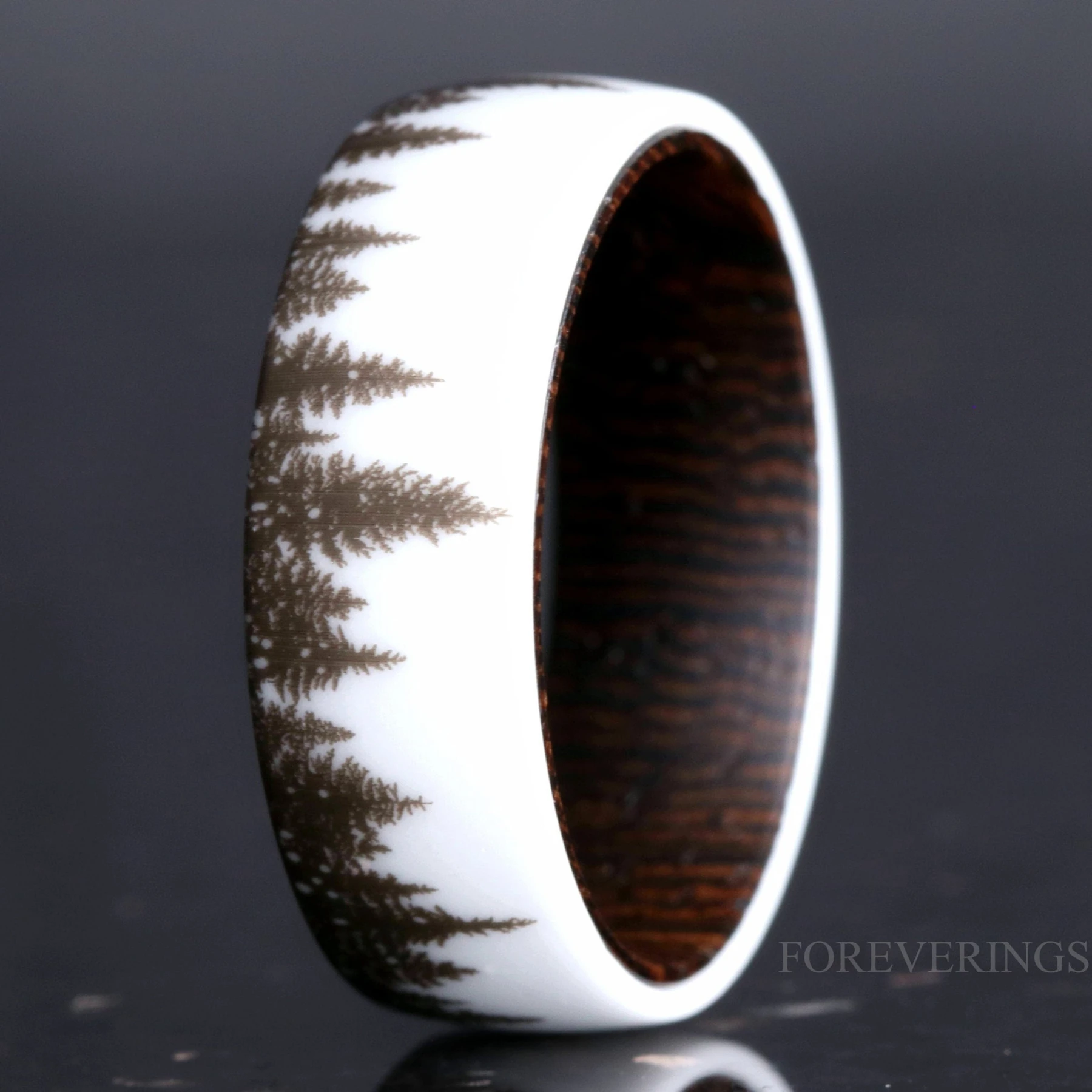 Men White Forest Tree Ring with Dark Wood, Mens Wedding Band, 8mm-6mm