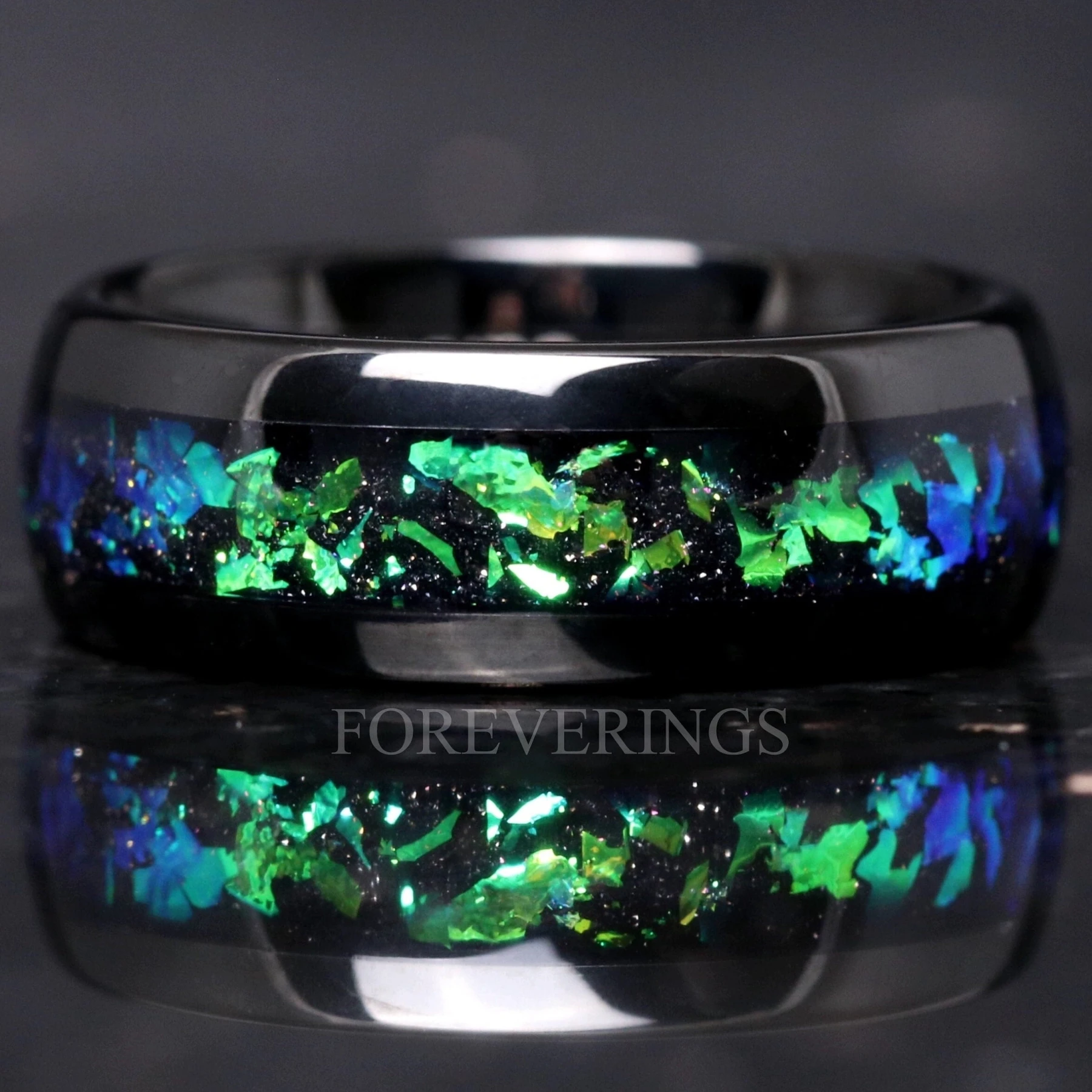 Rosette Nebula Ring, 8mm- -4mm Tungsten Wedding Band, Green Outer Space Ring