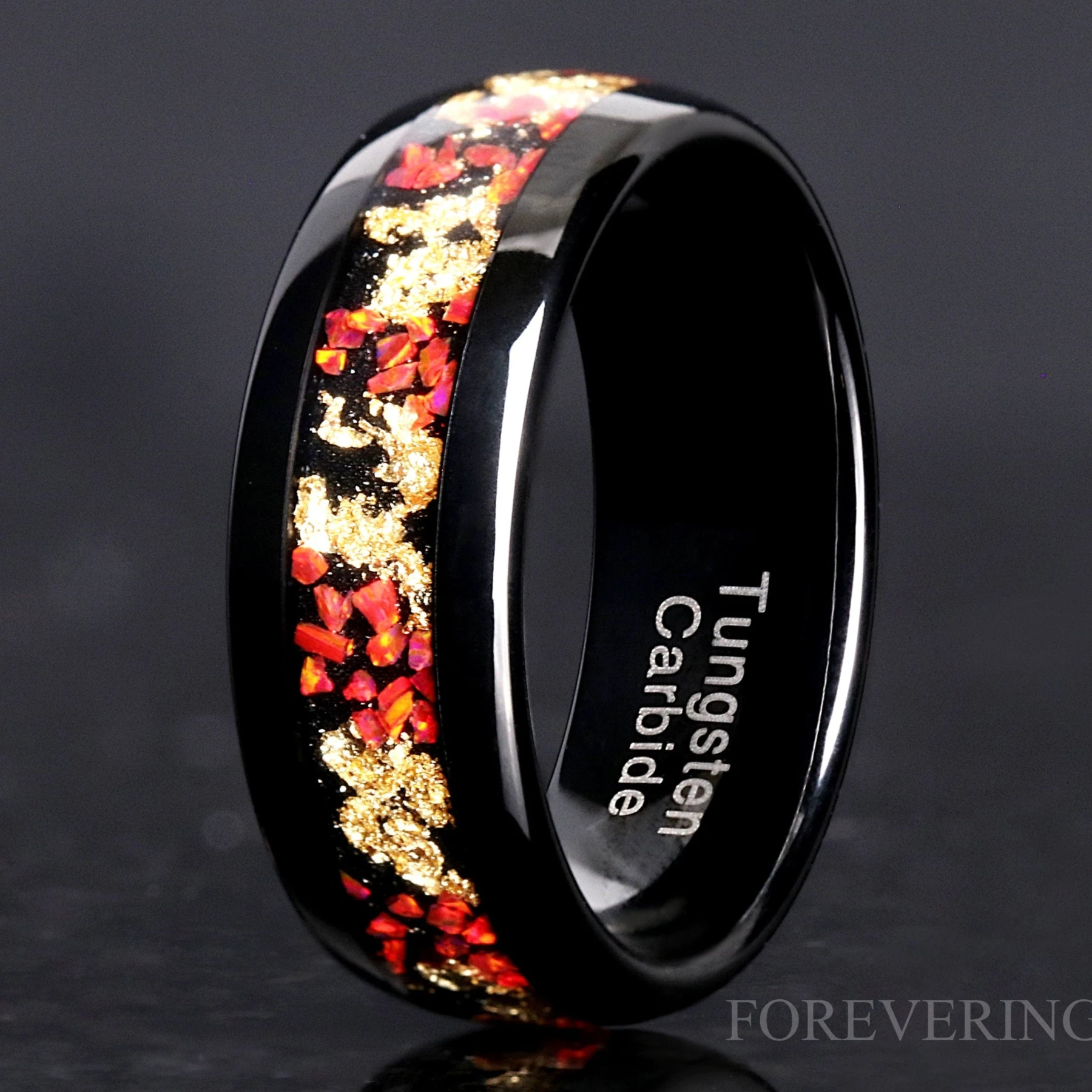 Red Fire Opal Gold Leaf Inlay Black Tungsten Band | 4mm Ring