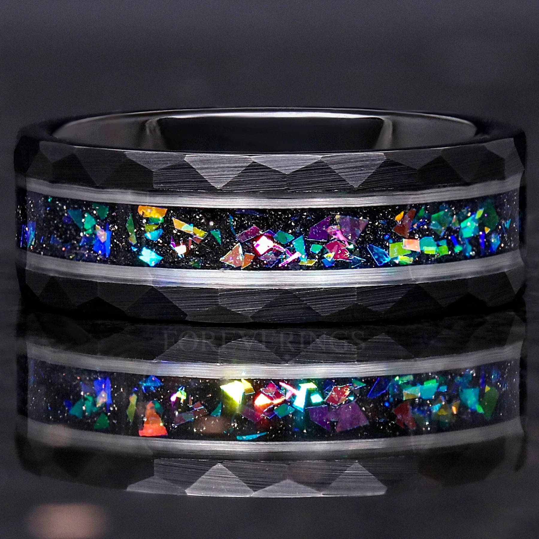 Cass Supernova Black Hammer Ring, Man Tungsten Band, 8mm Black Nebula Wedding Ring
