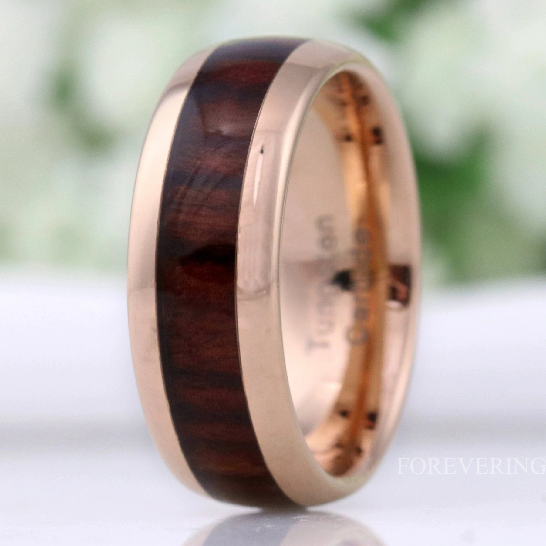 Koa Wood Ring, Men Wedding Band, 8mm Rose Gold Tungsten Ring