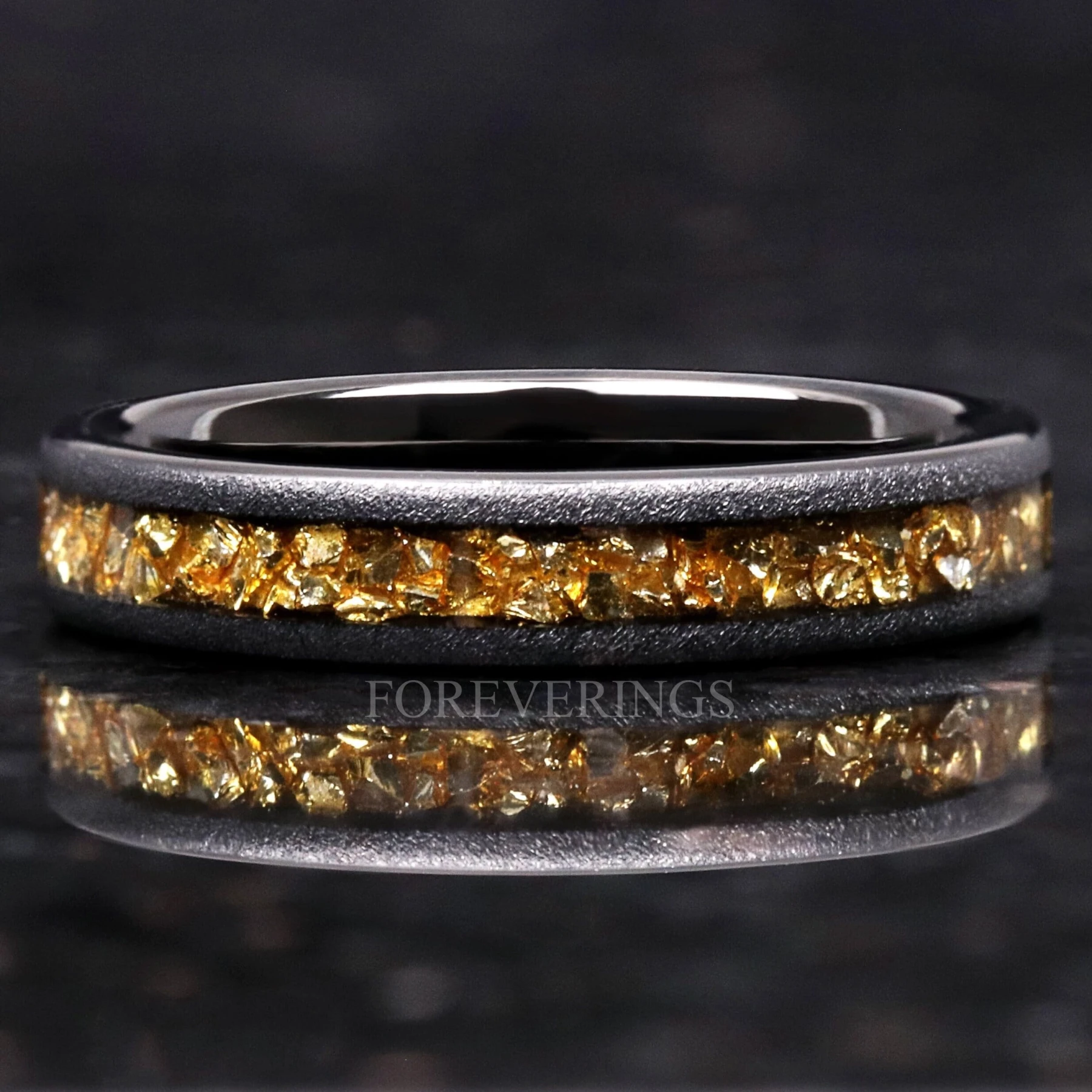 4mm Tungsten Wedding Band, Crushed Citrine Glass Stones, Black Ring