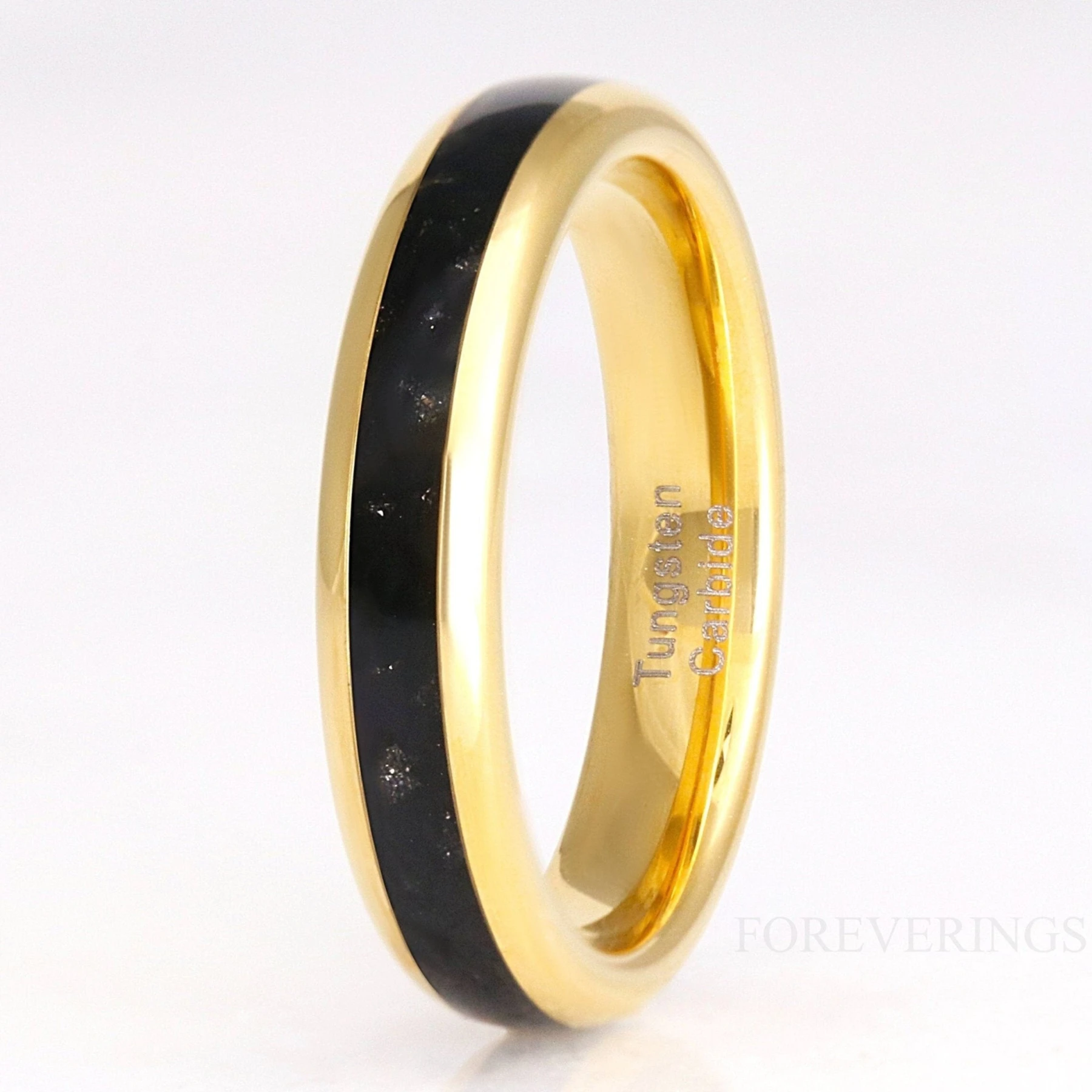 Black Onyx Gold Tungsten Ring, 4mm Mens Womens Wedding Band