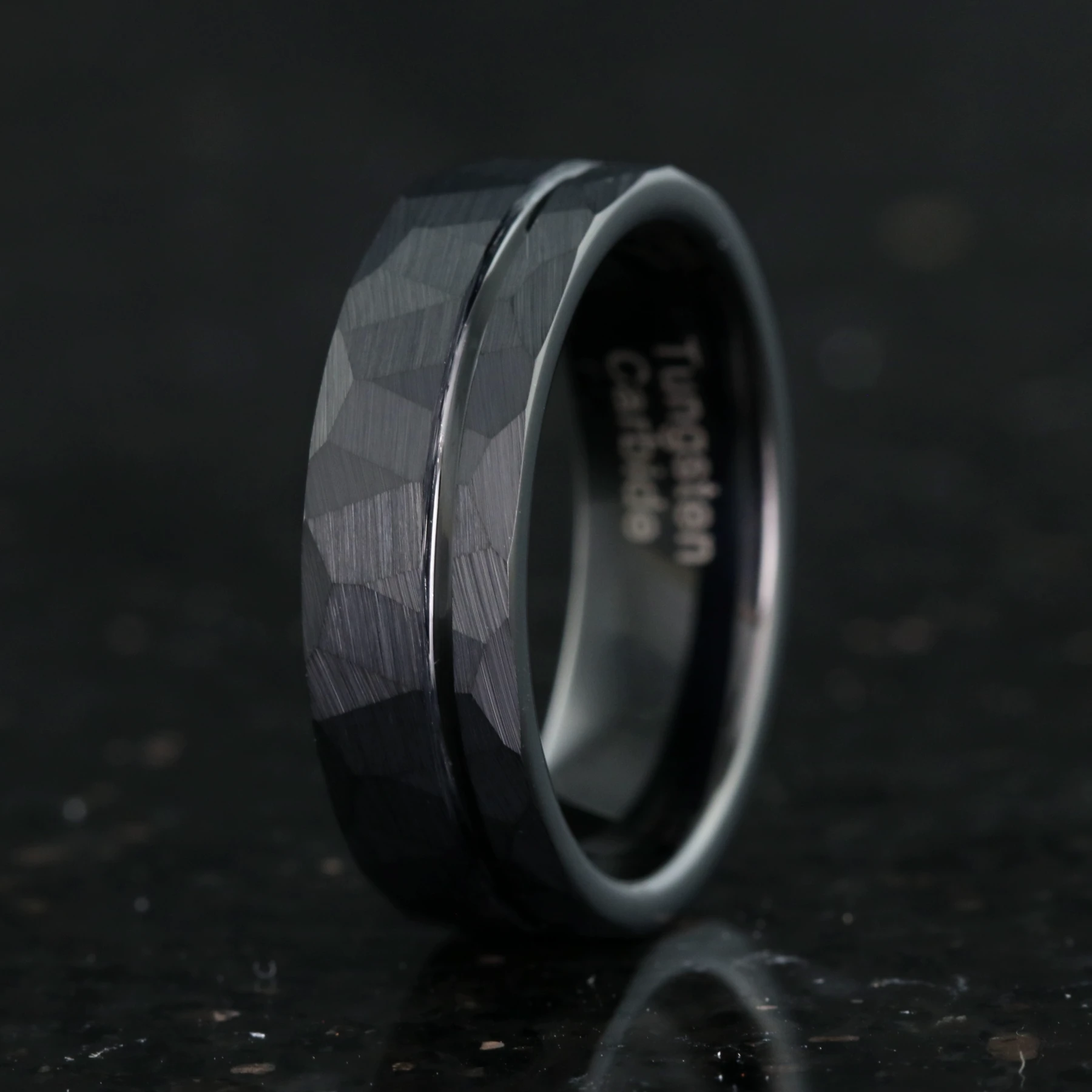 Hammered Offset Groove Matte Black Man Ring, 7mm Mens Wedding Band