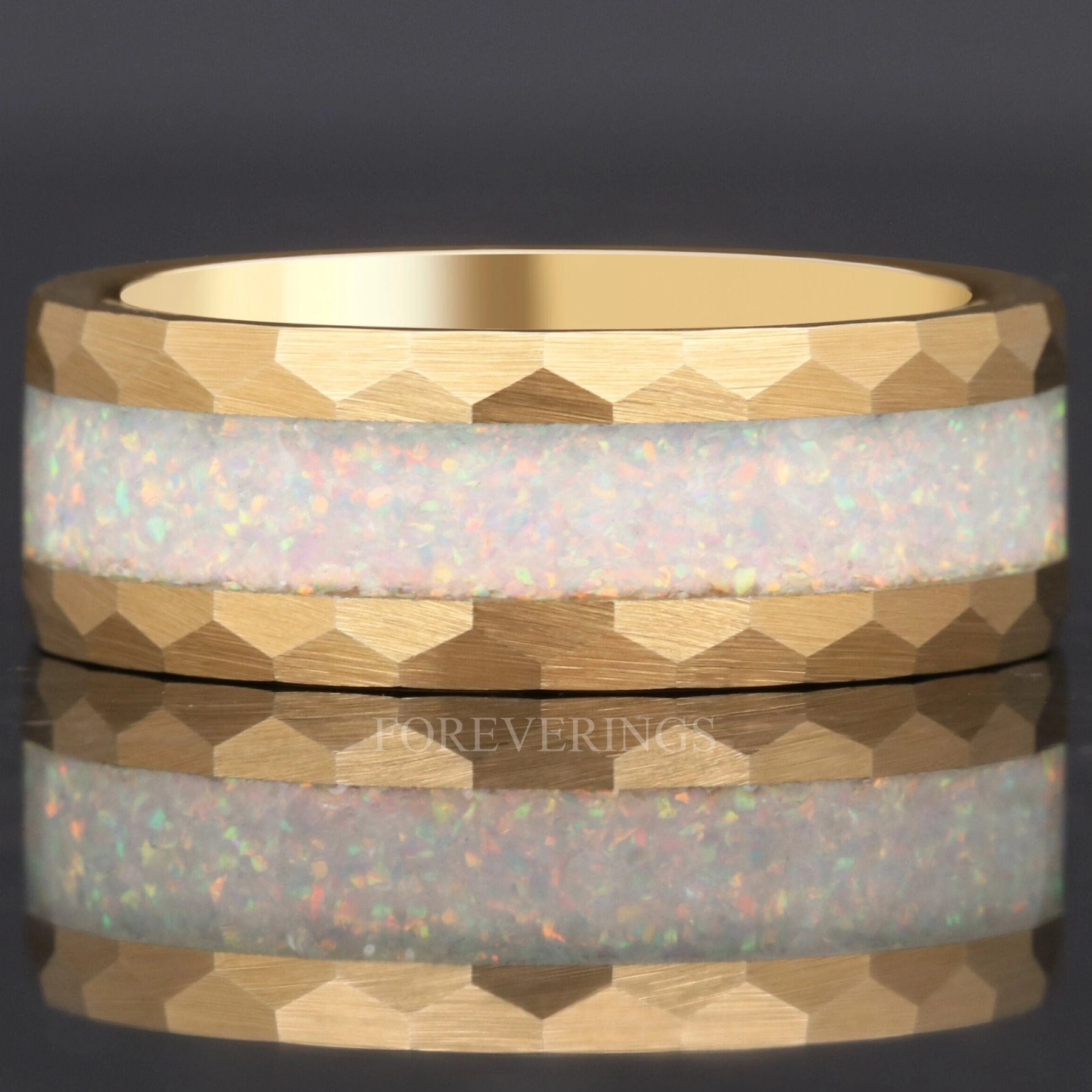 White Fire Opal Hammered Tungsten Wedding Band | Yellow Gold 8mm Ring