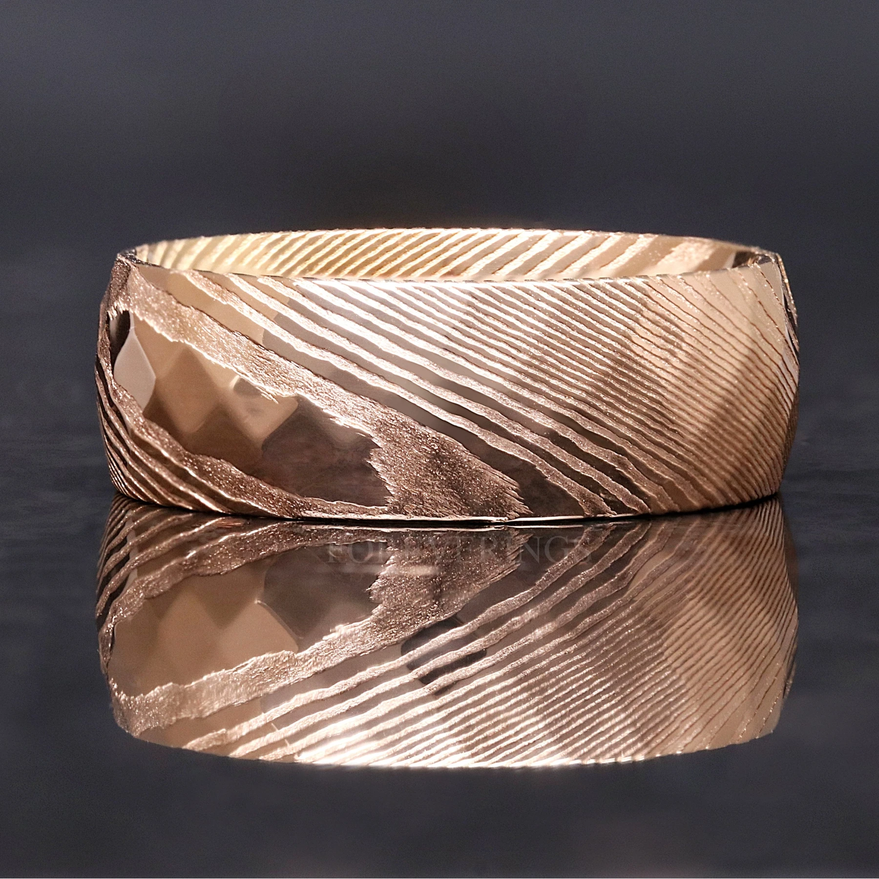 Mens Rose Gold Damascus Steel Ring, Hammered Wedding Band, Geometric Facet Band
