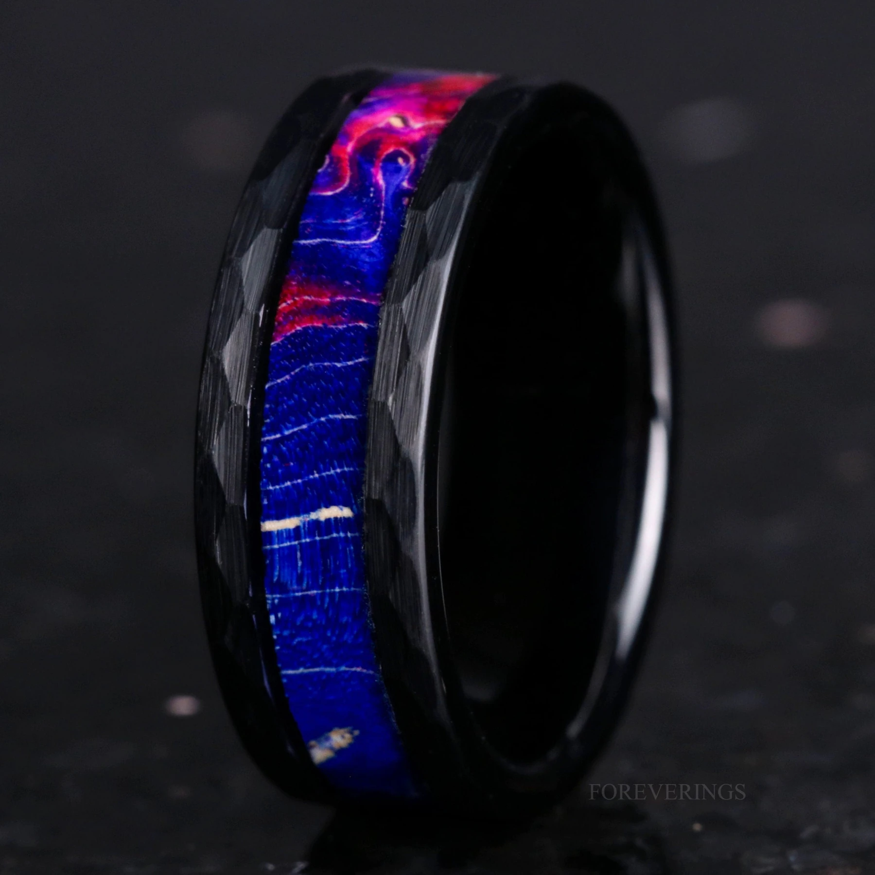 Blue Wood Wedding Band Black Hammered Ring, Men Wedding Band