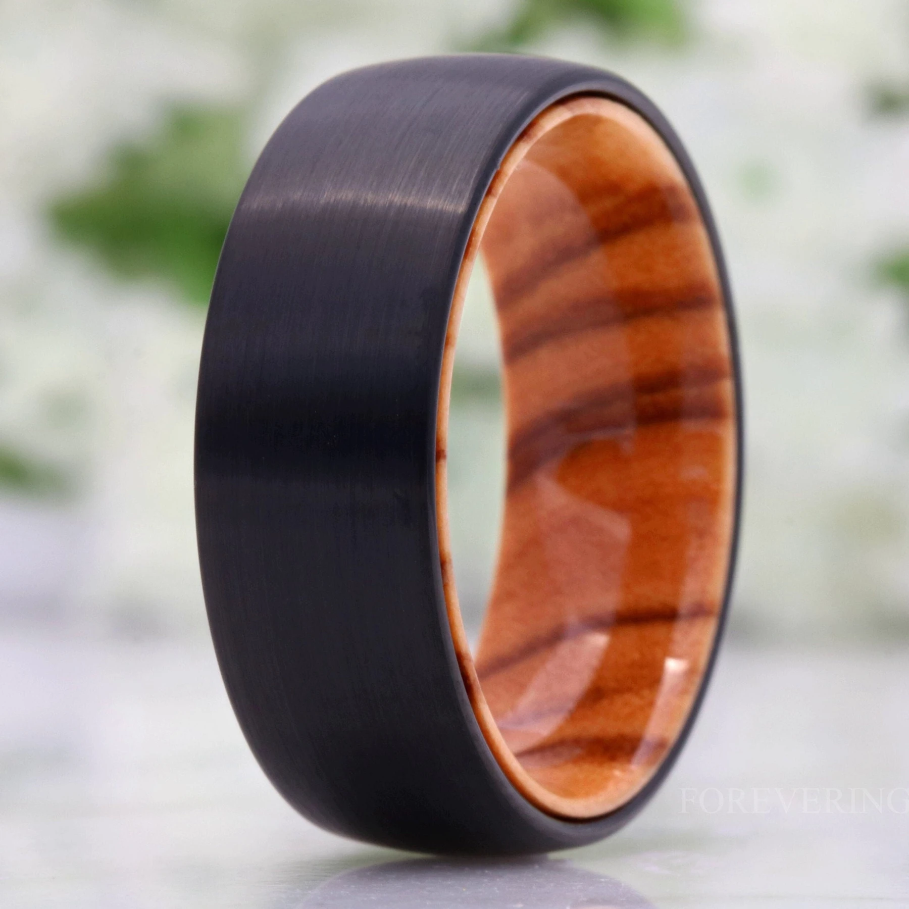 Olive Wood and Tungsten Ring, 8mm Black Ring, Simple Dome and Matte-Brush