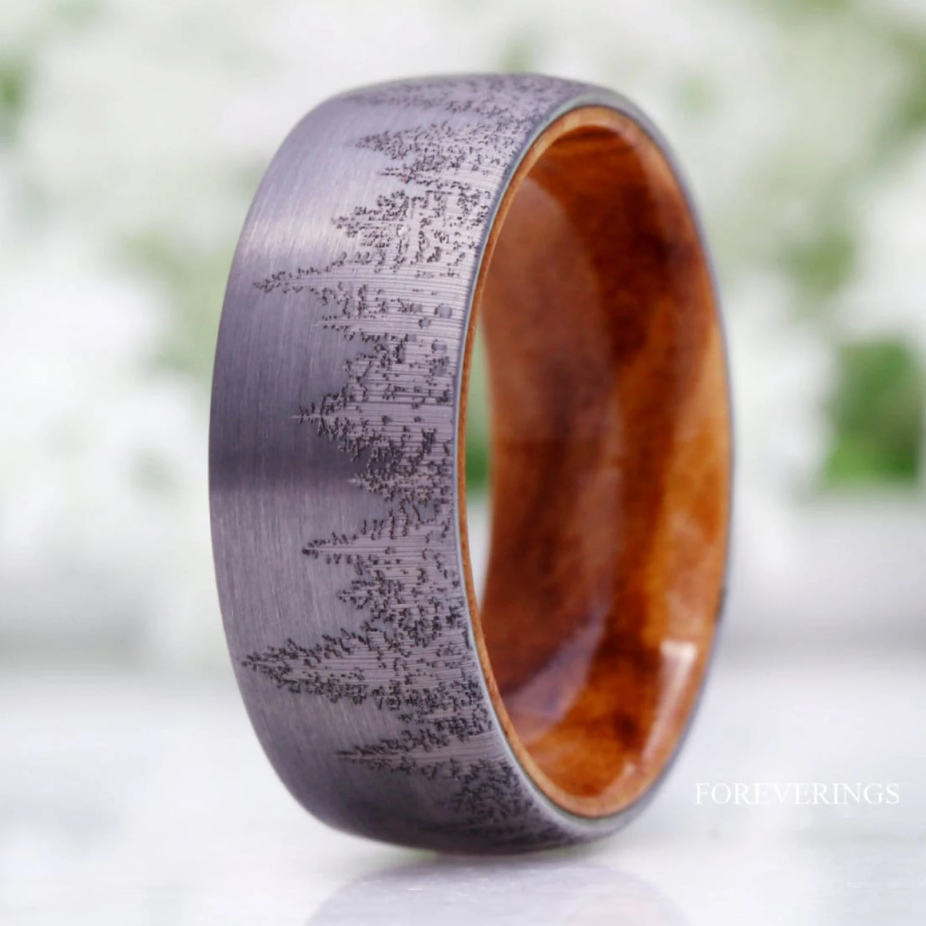 Men Forest Tree Ring with Olive Wood, Silver Tungsten Wedding Band, Pine Tree Band