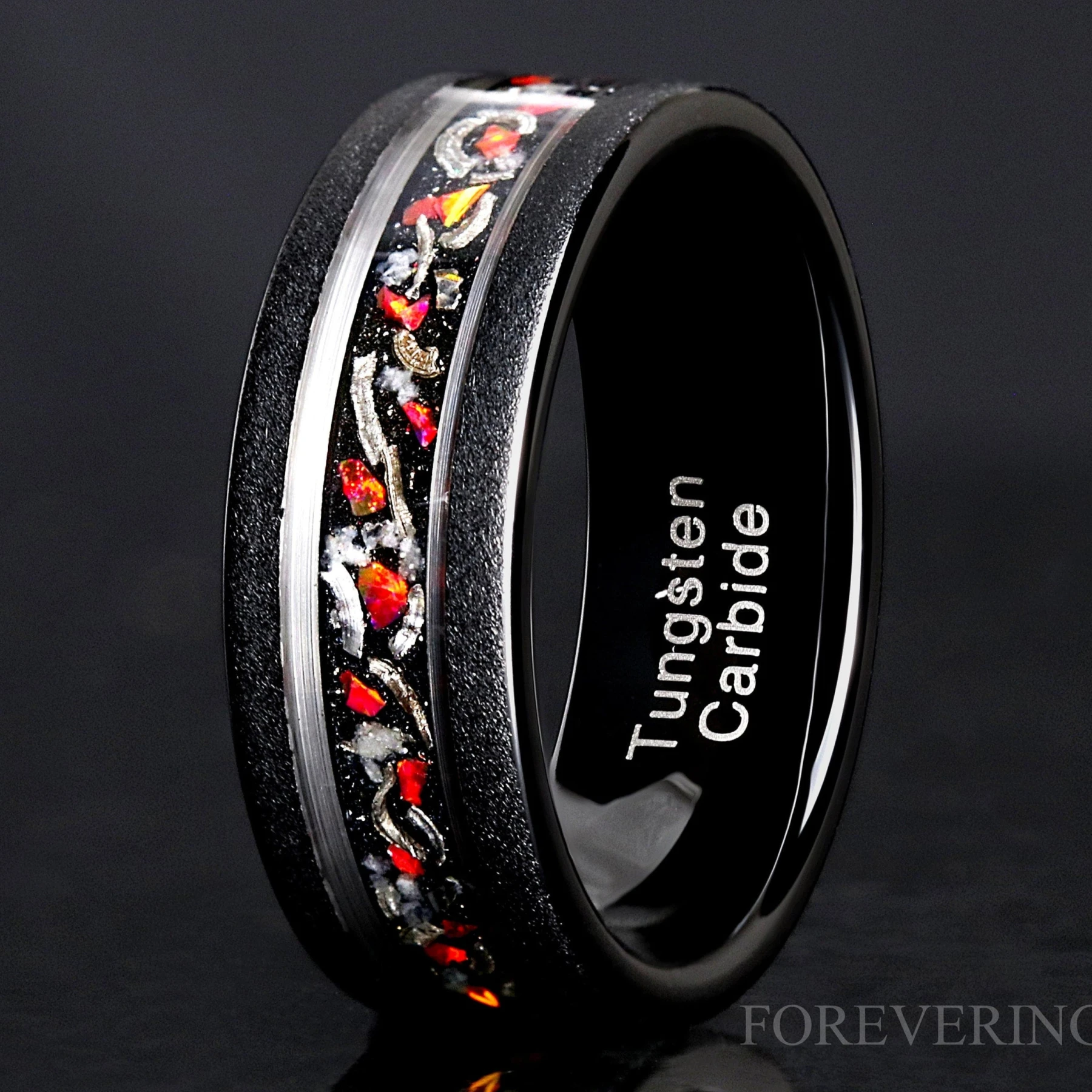 Glow Stone Meteorite Red Opal Ring | Men's Black Tungsten Wedding Band