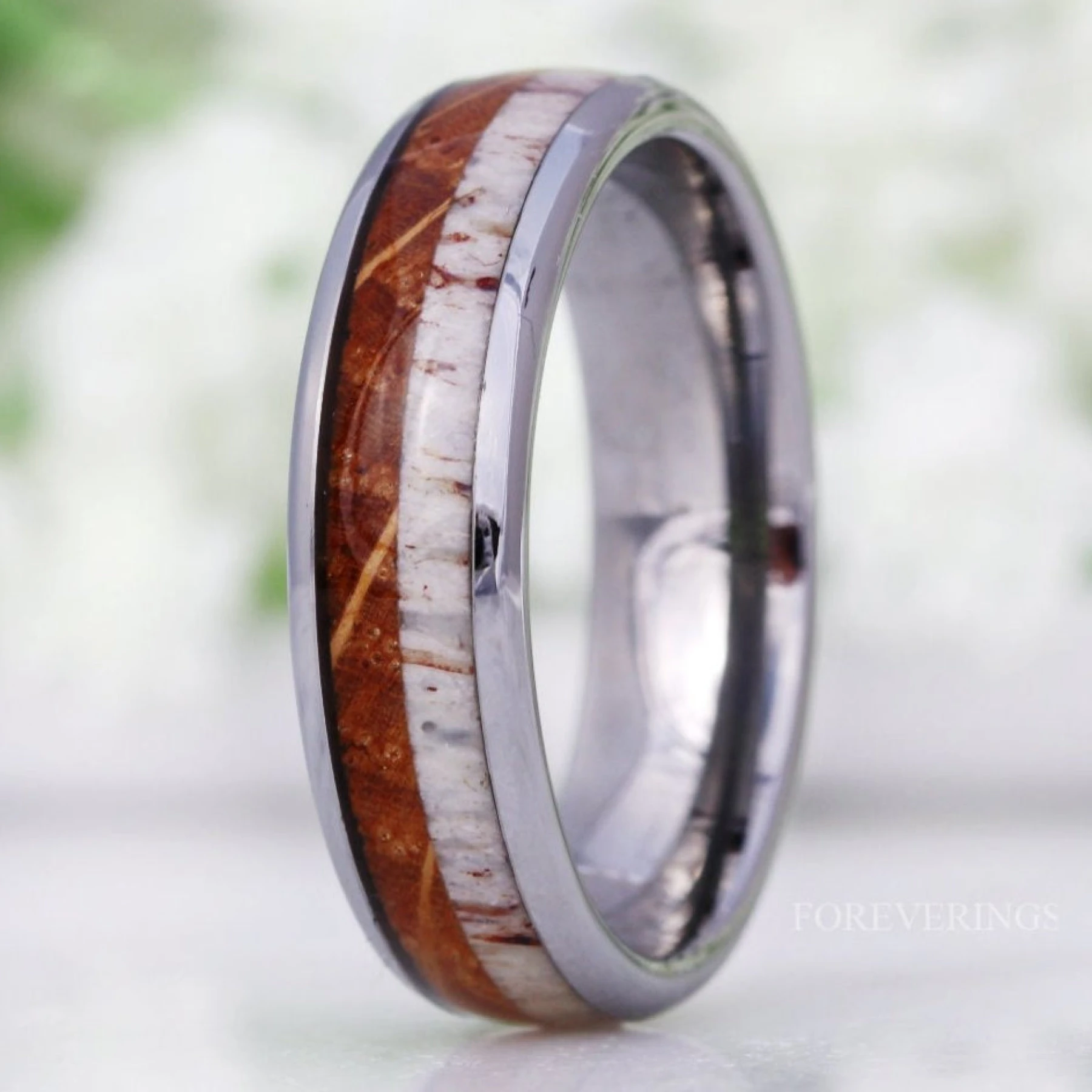 Whiskey Barrel and Antler Ring, 6mm Mens Wedding Band, Wood and Antler Ring
