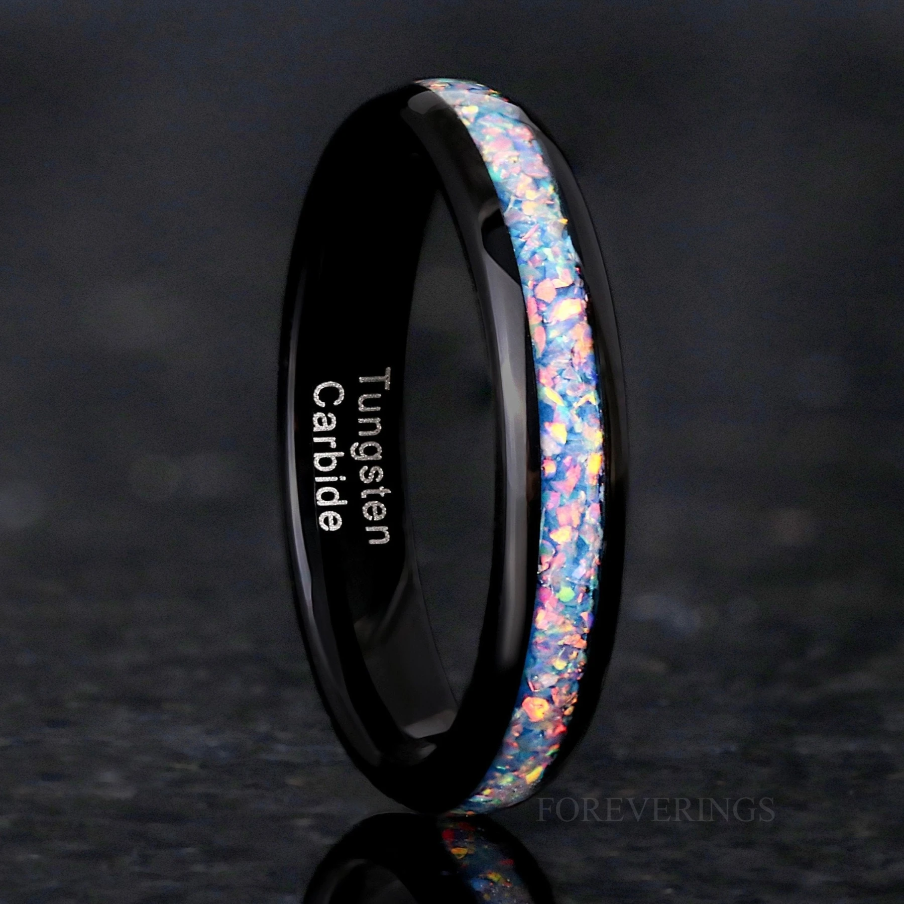 Rainbow Fire Opal Inlay Ring | Black Tungsten Wedding Band for Women