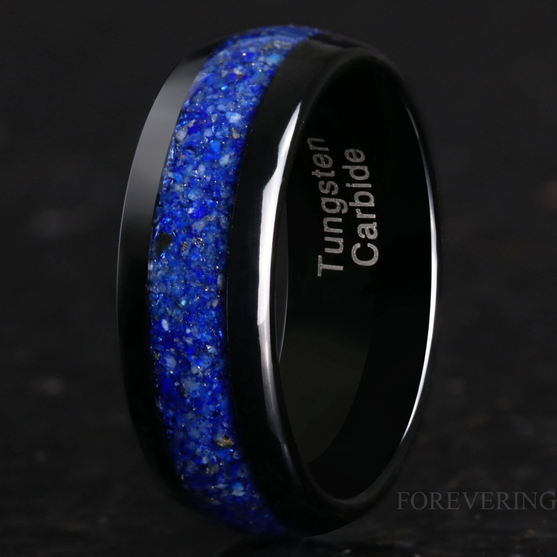 Celestial Blue Lapis Lazuli Ring, 8mm Black Tungsten Ring, Men Wedding Band