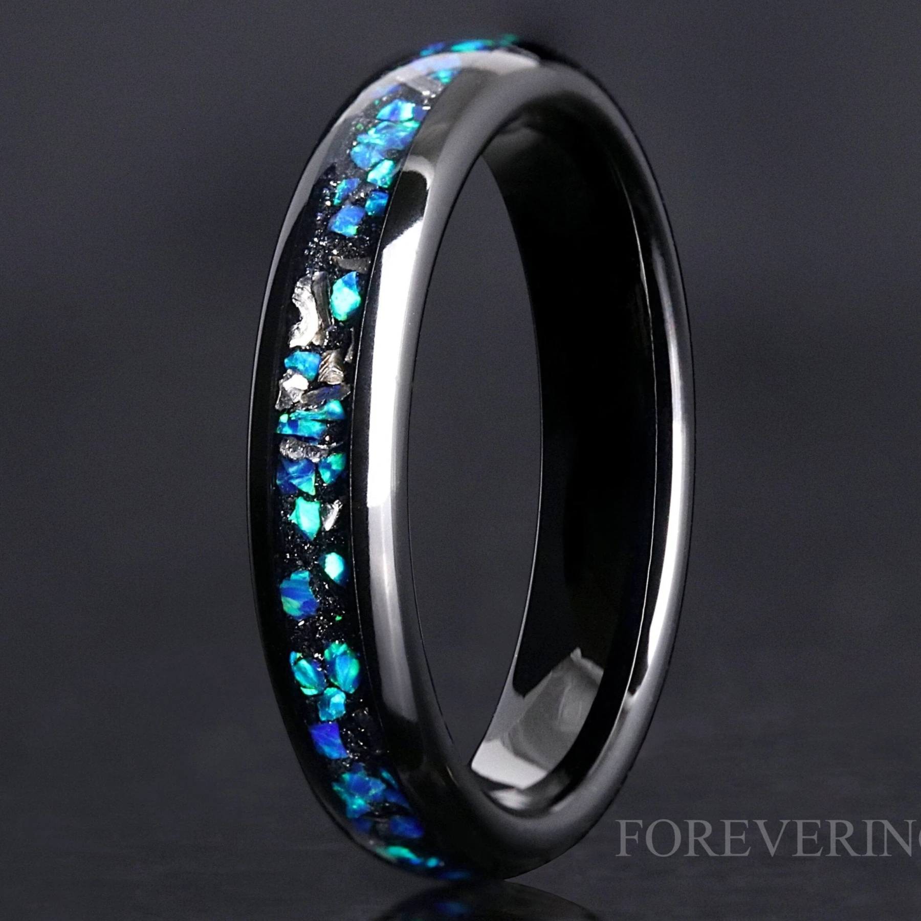Blue Opal and Meteorite Inlay Ring | Black Tungsten Wedding Band