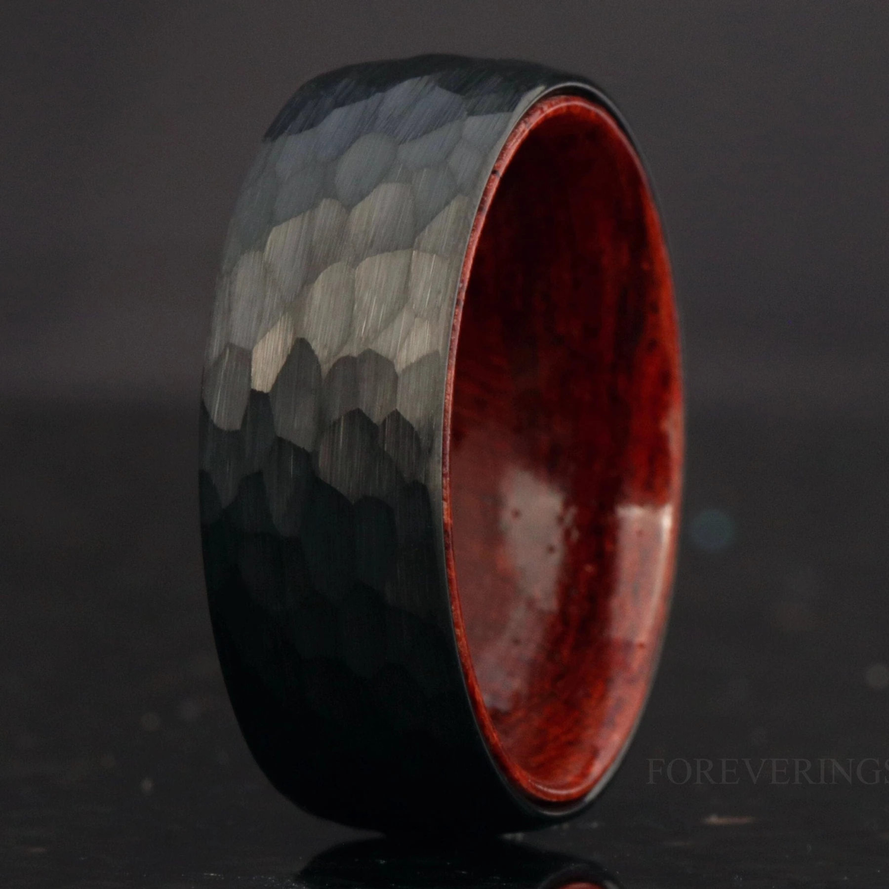 8mm Men Tungsten Wedding Band, Rosewood Ring, Black Hammered Tungsten Ring