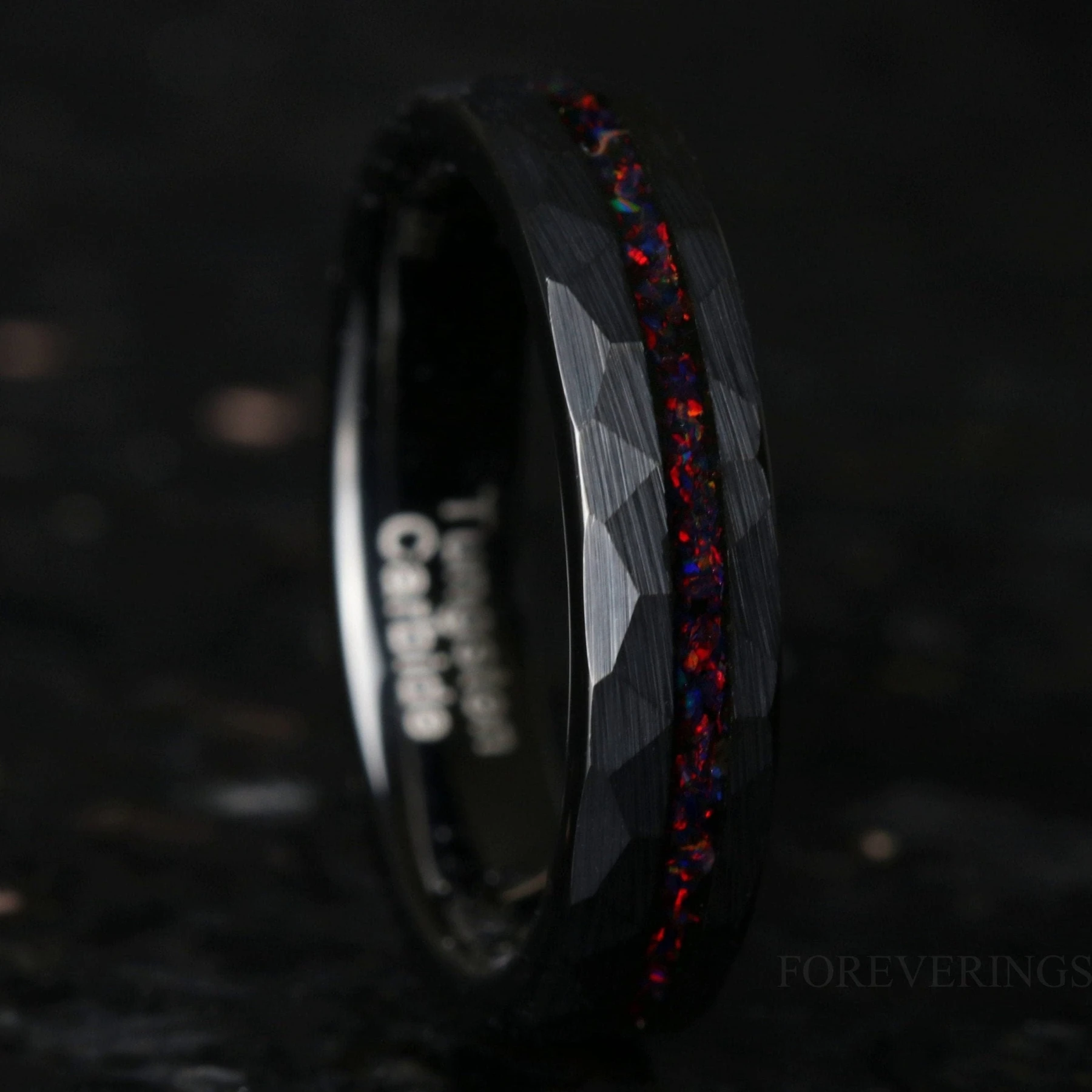 Black Fire Opal Offset Inlay Black Tungsten Ring | Hammered Wedding Band