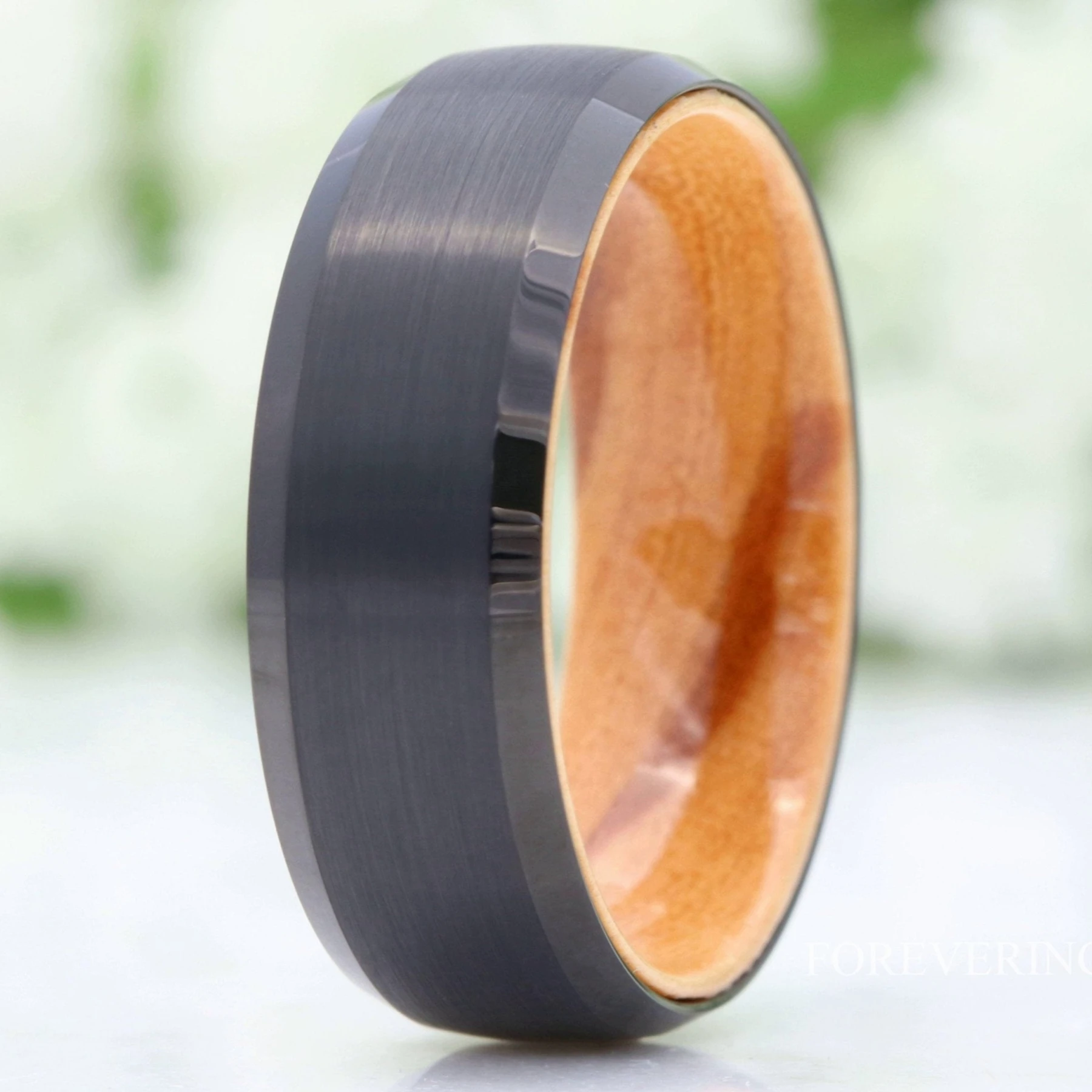 Olive Wood and Tungsten Wedding Band, 8mm Black Band, Matte Brushed