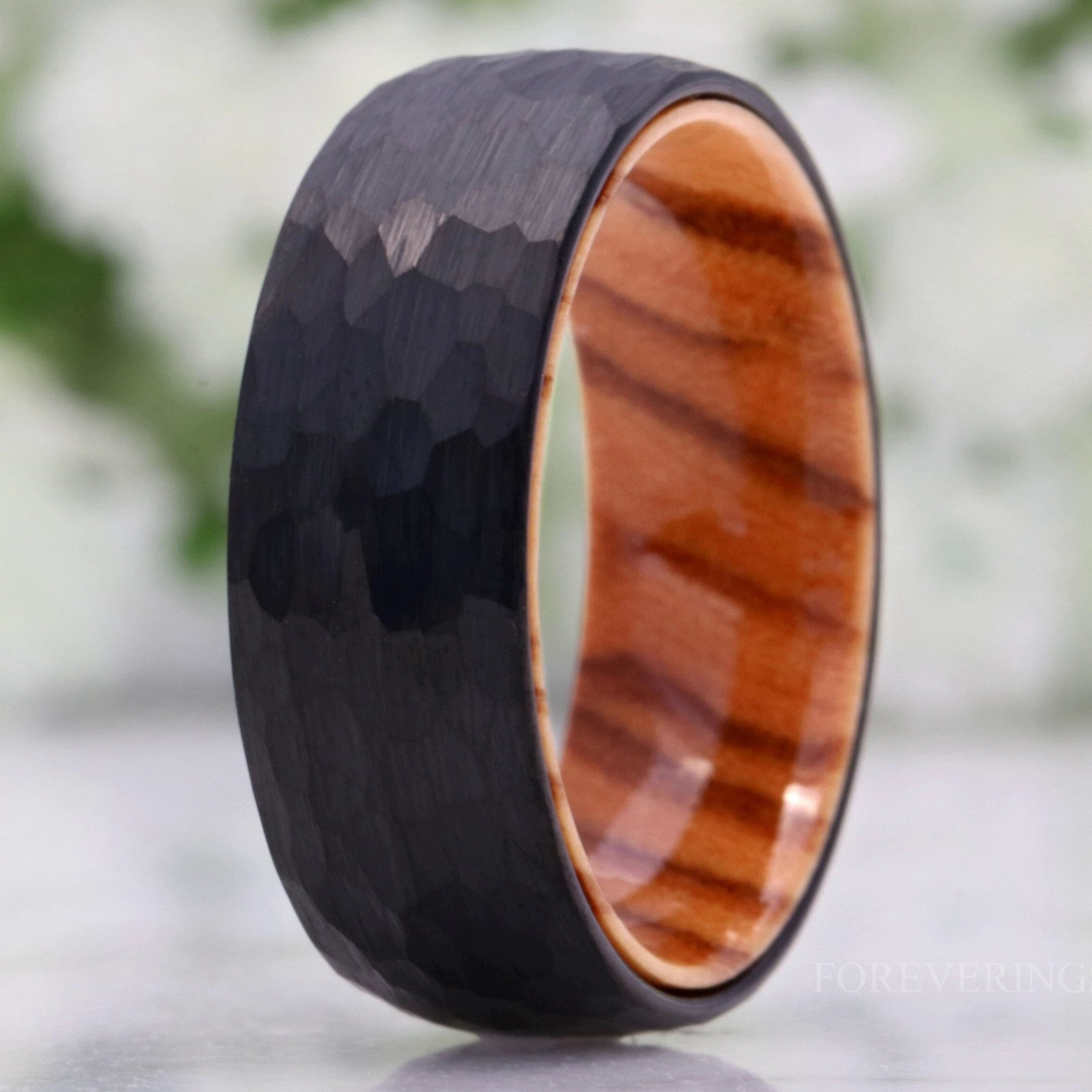 Olive Wood and Tungsten Ring, 8mm Mens Wedding Band, Hammered