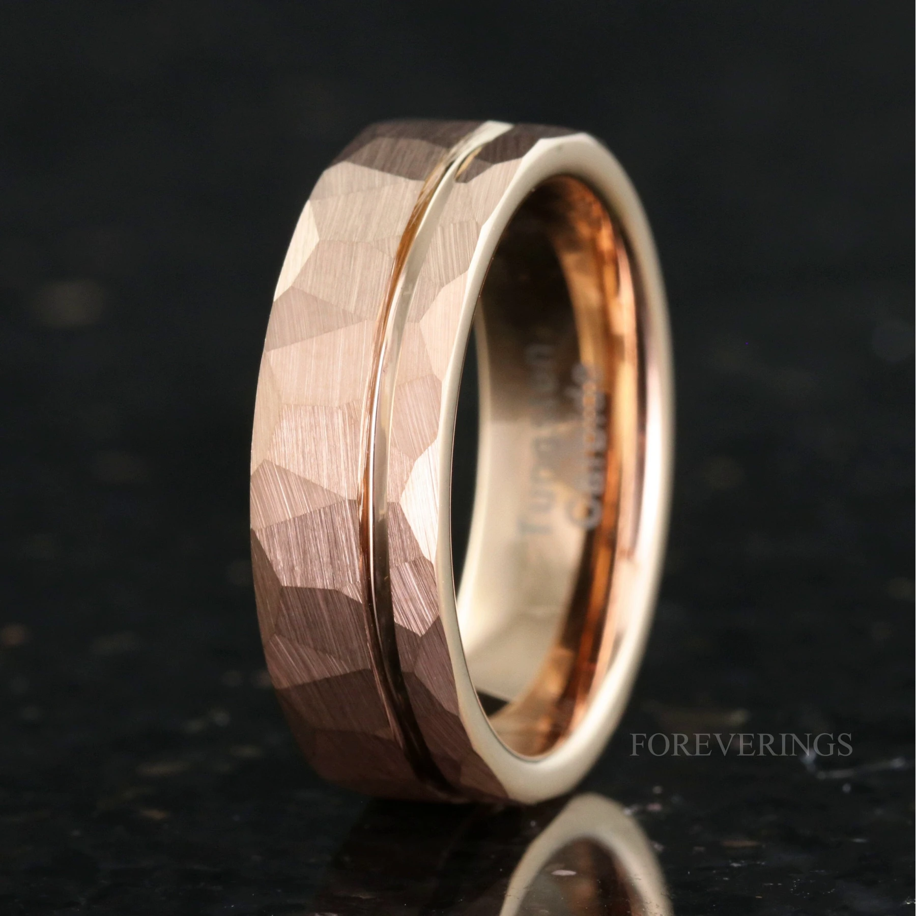 Hammered Rose Gold Wedding Band with Offset Groove, Man Engagement Ring