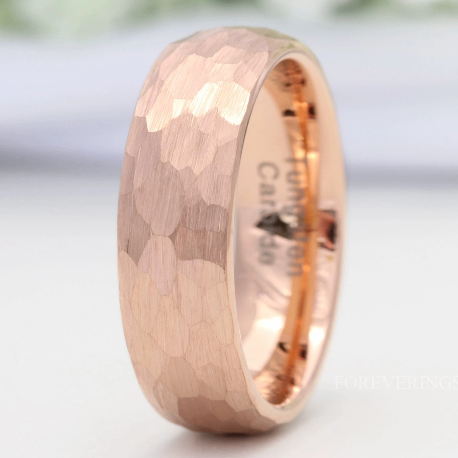 Hammered Rose Gold Wedding Band for Men, 7mm Brushed Tungsten Ring
