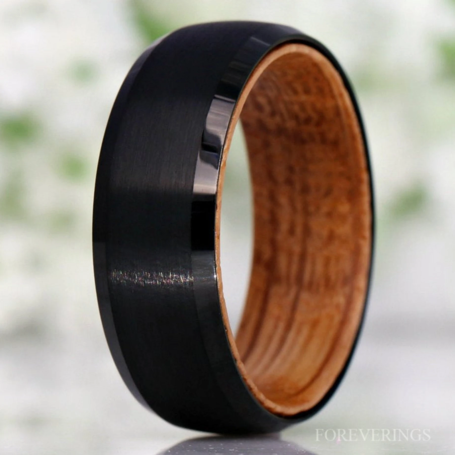 Man Wood Whiskey Barrel Ring, Black Tungsten Wedding Band, Wood and Metal Ring