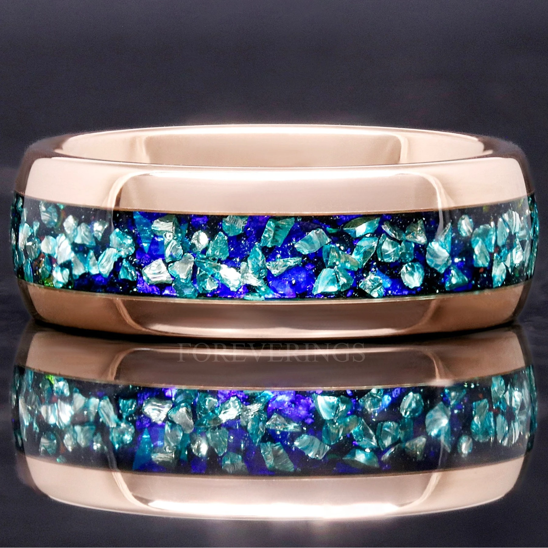 Neptune Crushed Aquamarine Ring, Rose Gold Wedding Band, 8mm Man Tungsten Band