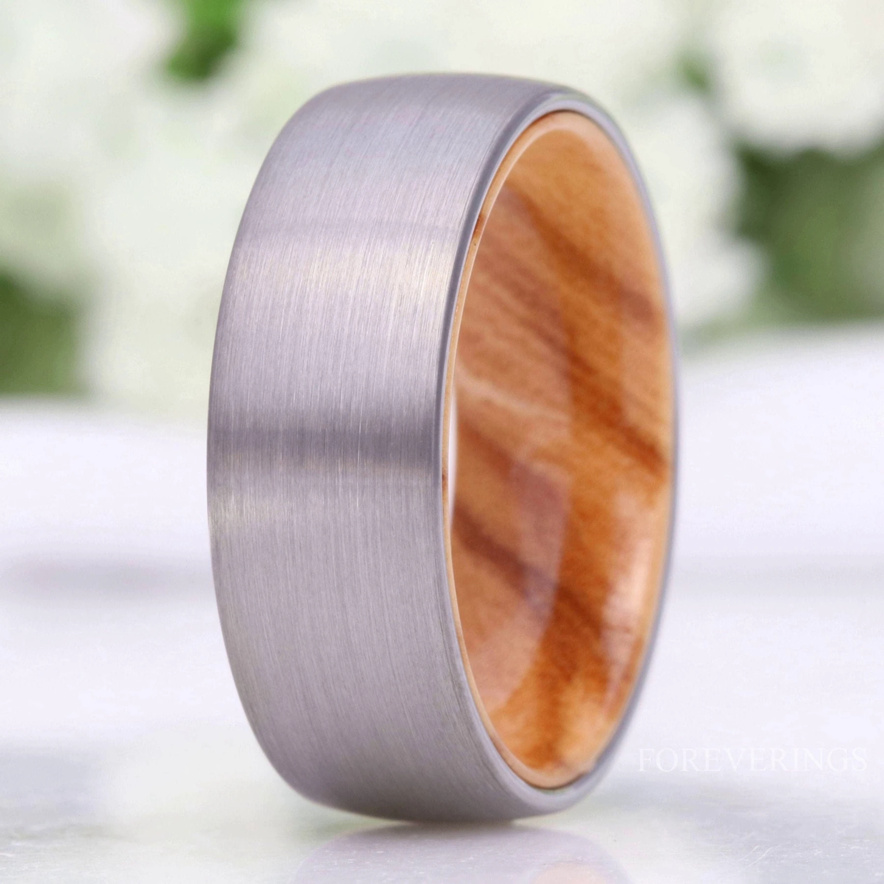 Olive Wood and Tungsten Wedding Band, 8mm Silver Band, No Plating