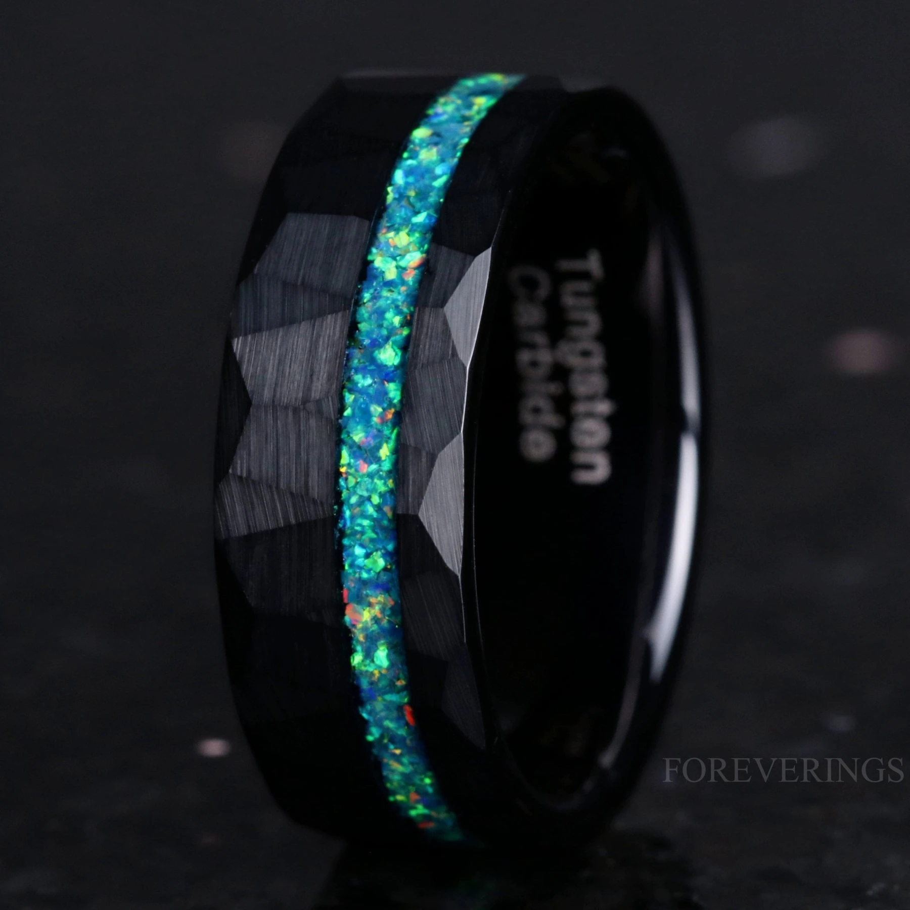 Crushed Green Opal Black Tungsten Ring | Mens Hammered Wedding Band