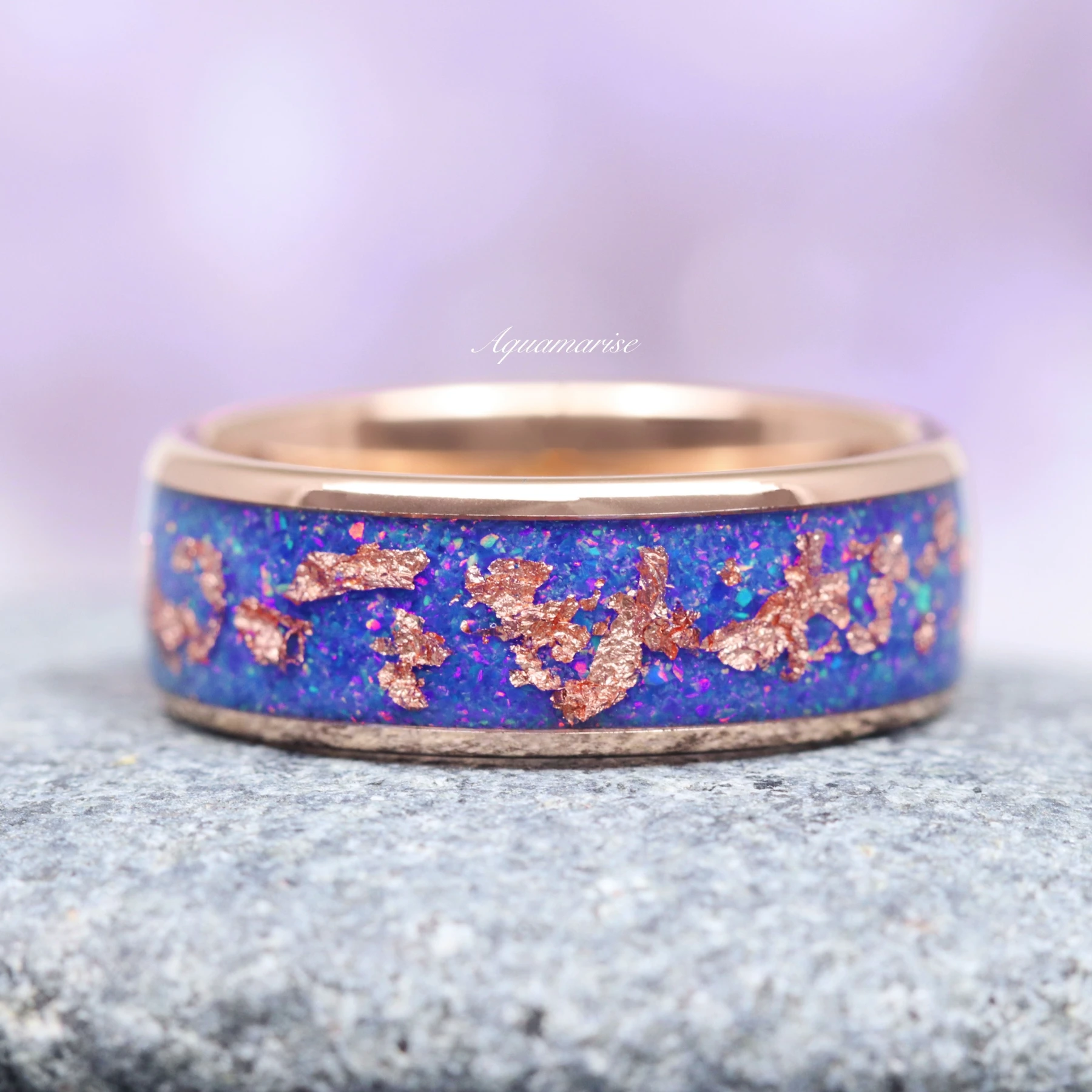 Starry Night Van Gogh Fire Opal Men's Wedding Band in Rose Gold Tungsten (8mm)