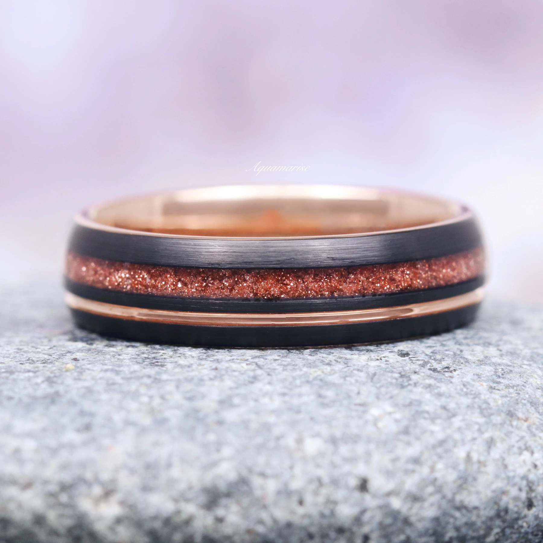 Solar Flare Orange Sandstone Wedding Band in Rose Gold/Black Tungsten (6mm)