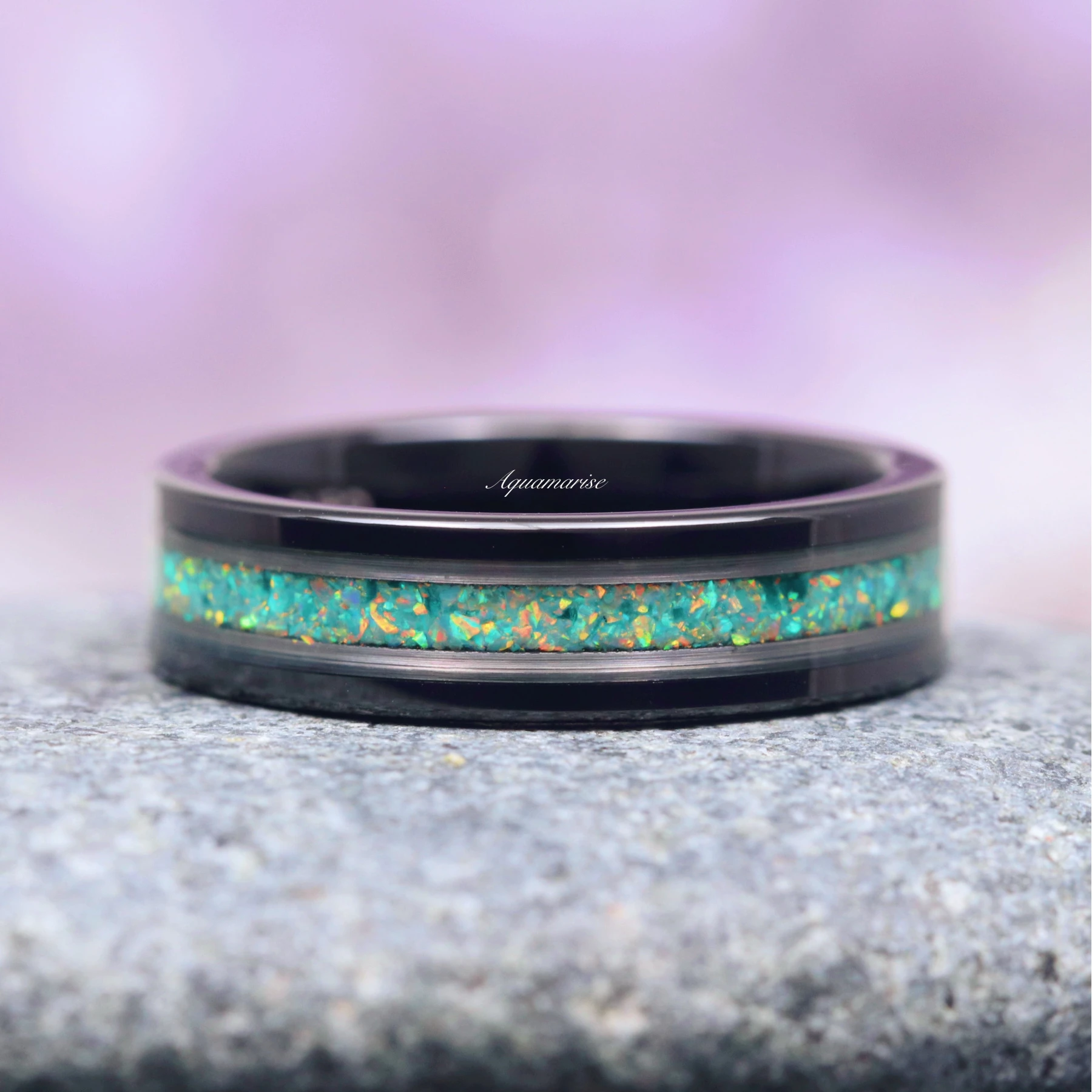 Galaxy Green Fire Opal Two-Tone Men's Wedding Band in Black Tungsten (6mm)