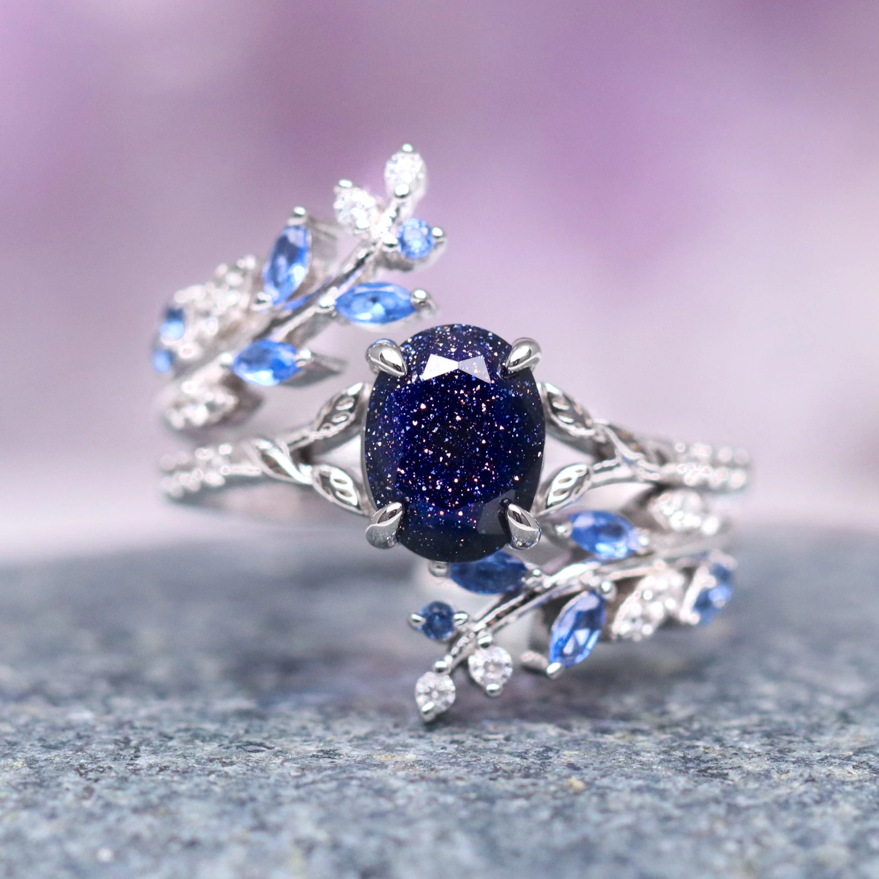 Starry Night® & Sapphire Leaf Engagement Ring Set in Sterling Silver