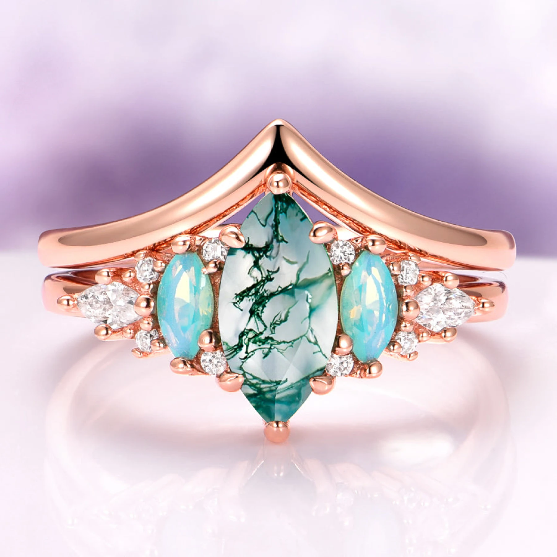 Emerie Marquise Cut Moss Agate & Opalescent Sapphire Ring Set in 14K