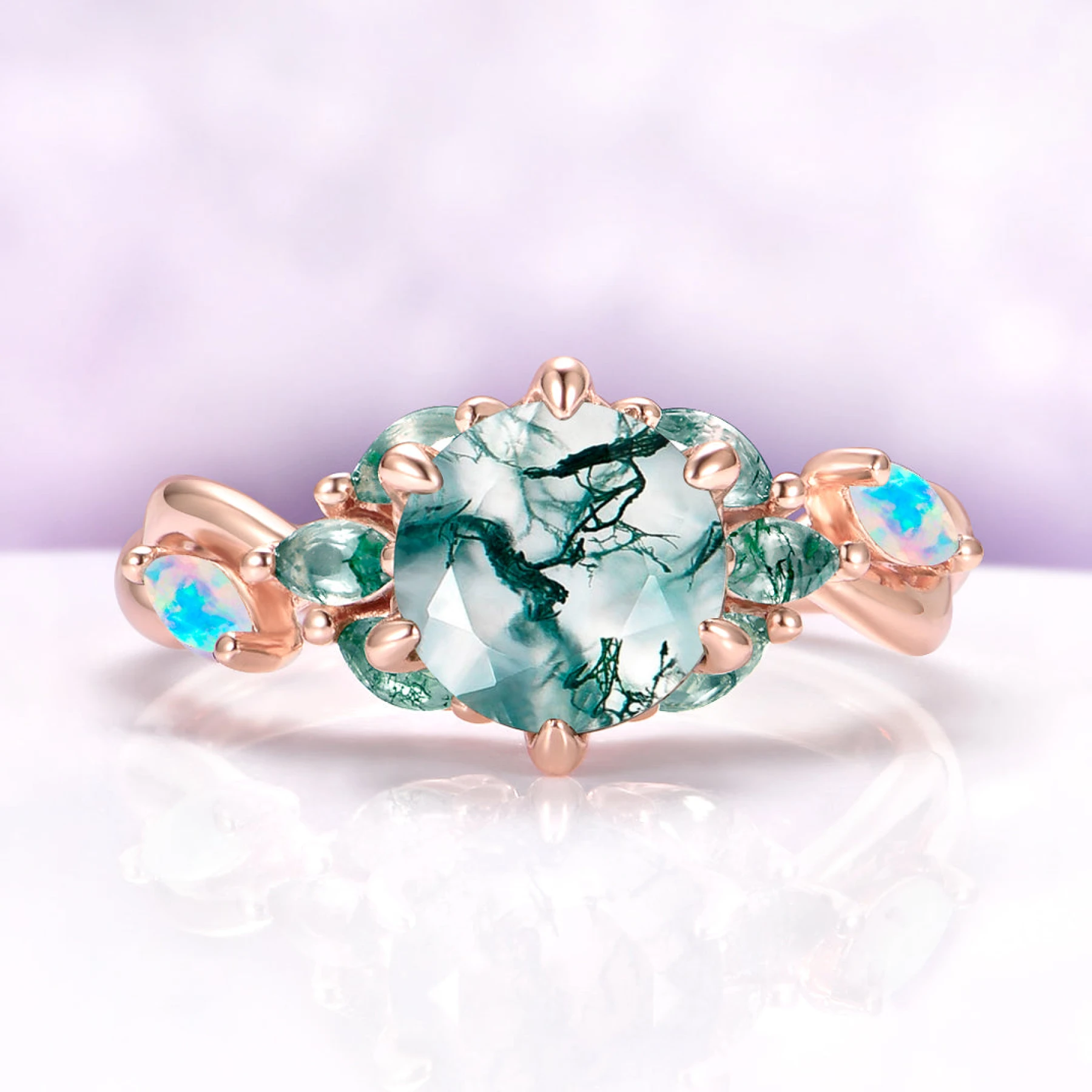 Enchanted Garden Green Moss Agate & Fire Opal Ring in 14K Rose Gold Vermeil