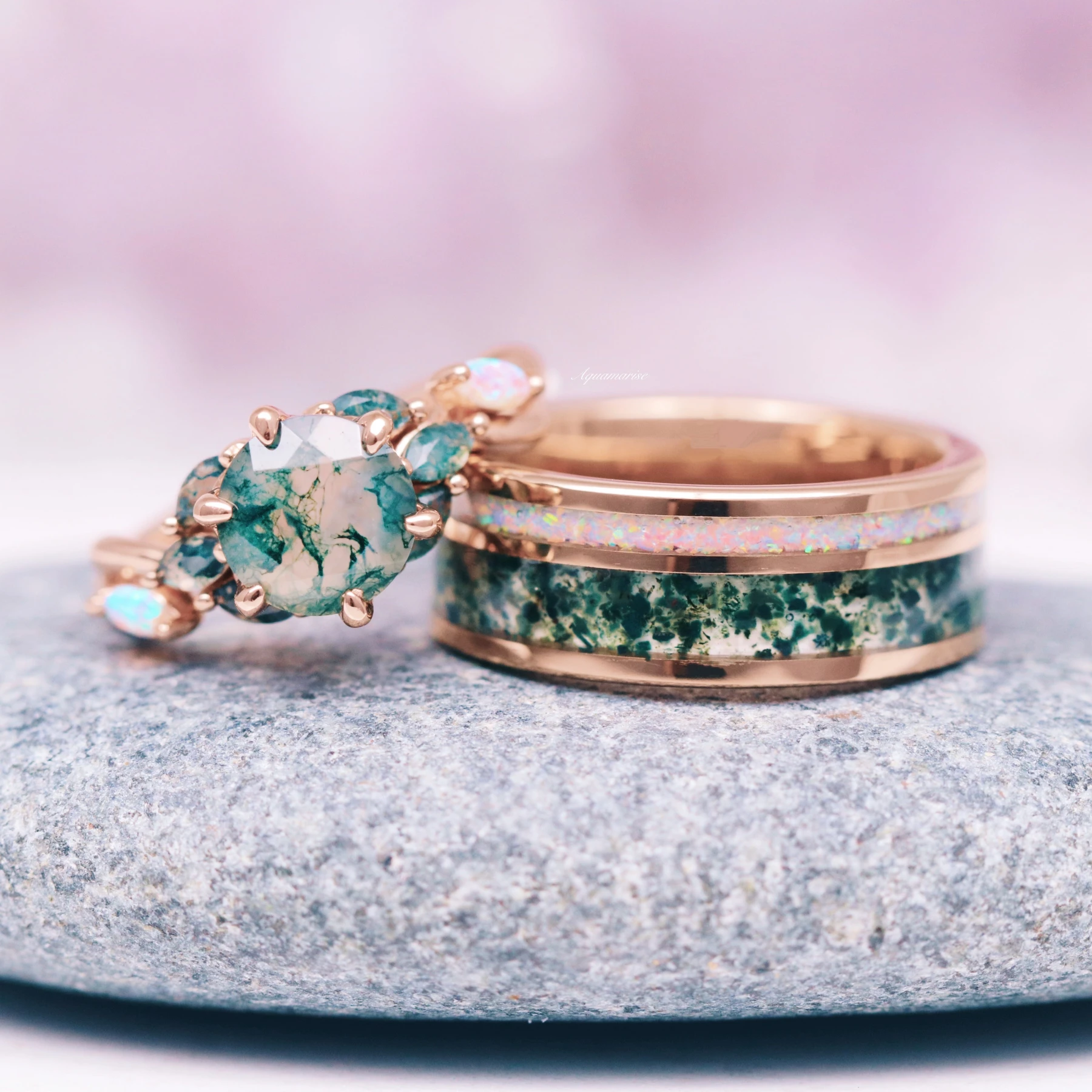 Enchanted Garden Moss Agate & Fire Opal Couples Ring Set