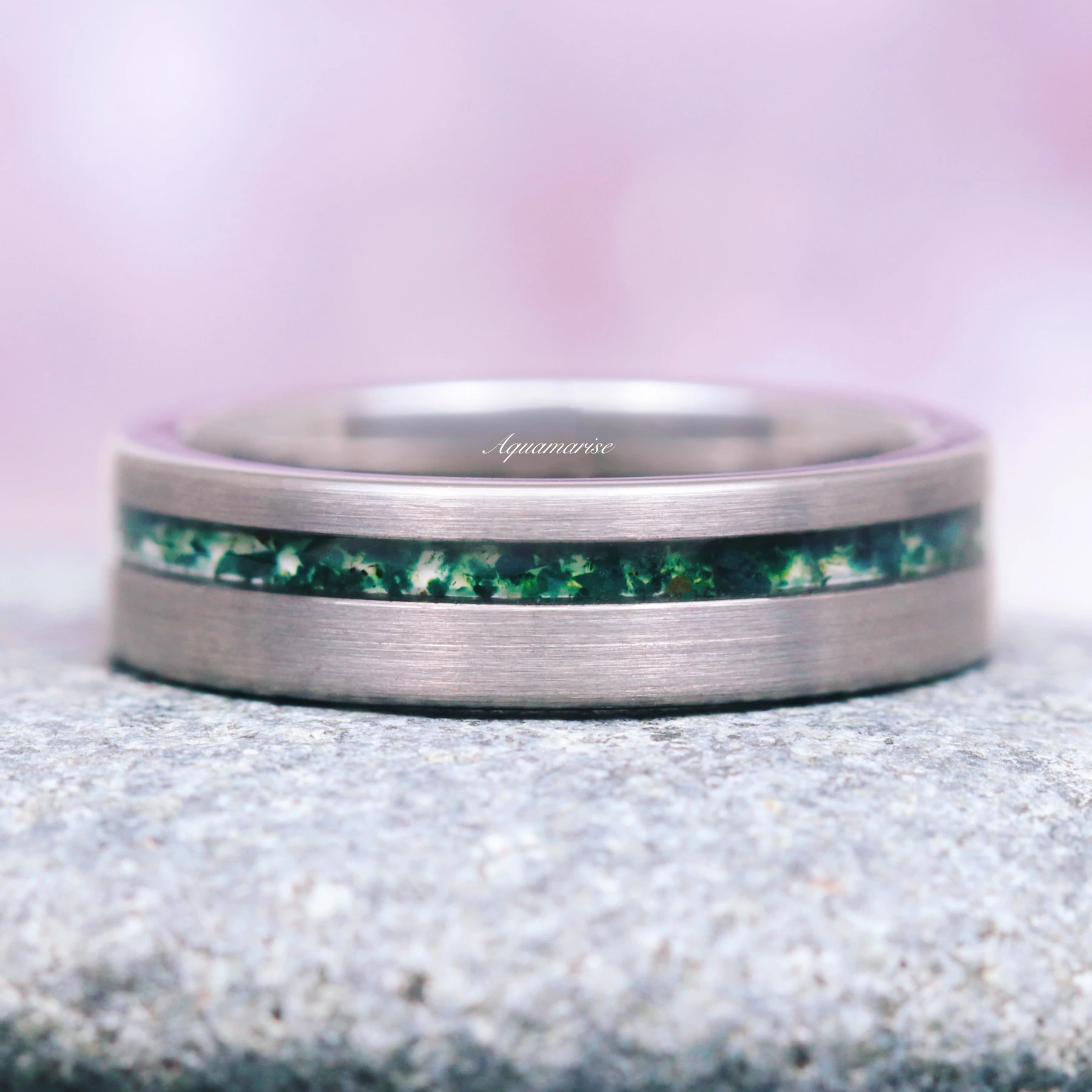 Green Moss Agate Men's Wedding Band in Brushed Silver Tungsten (6mm)