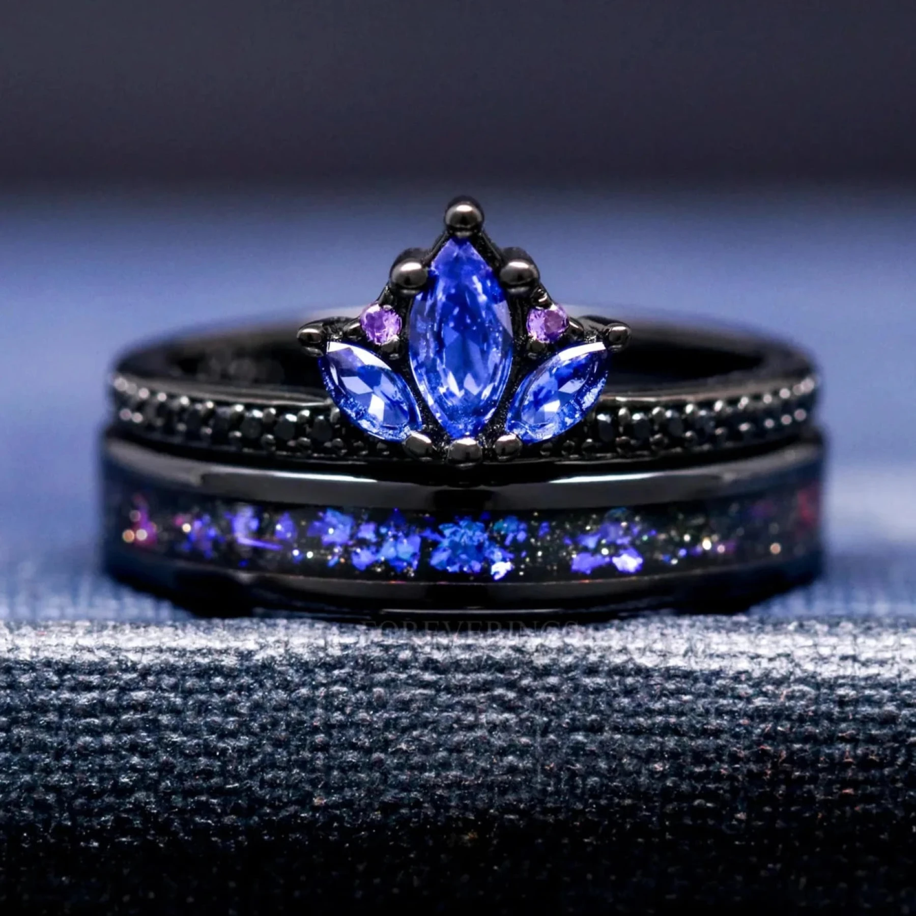 Blue Lotus Orion Nebula Engagement Ring Set, Women Unique Outer Space Wedding Ring