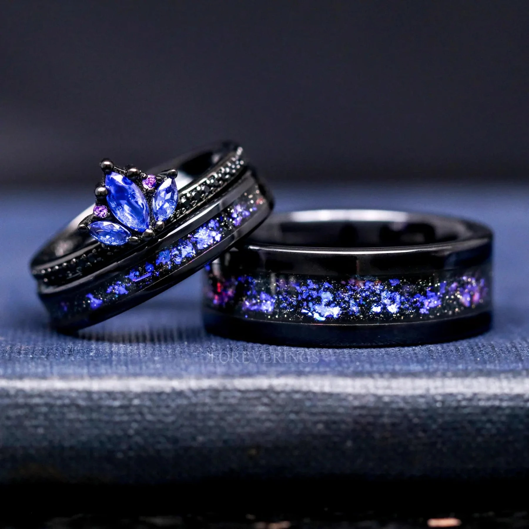 Blue Lotus Orion Nebula Wedding Ring Set, His and Hers Rings, Engagement Ring
