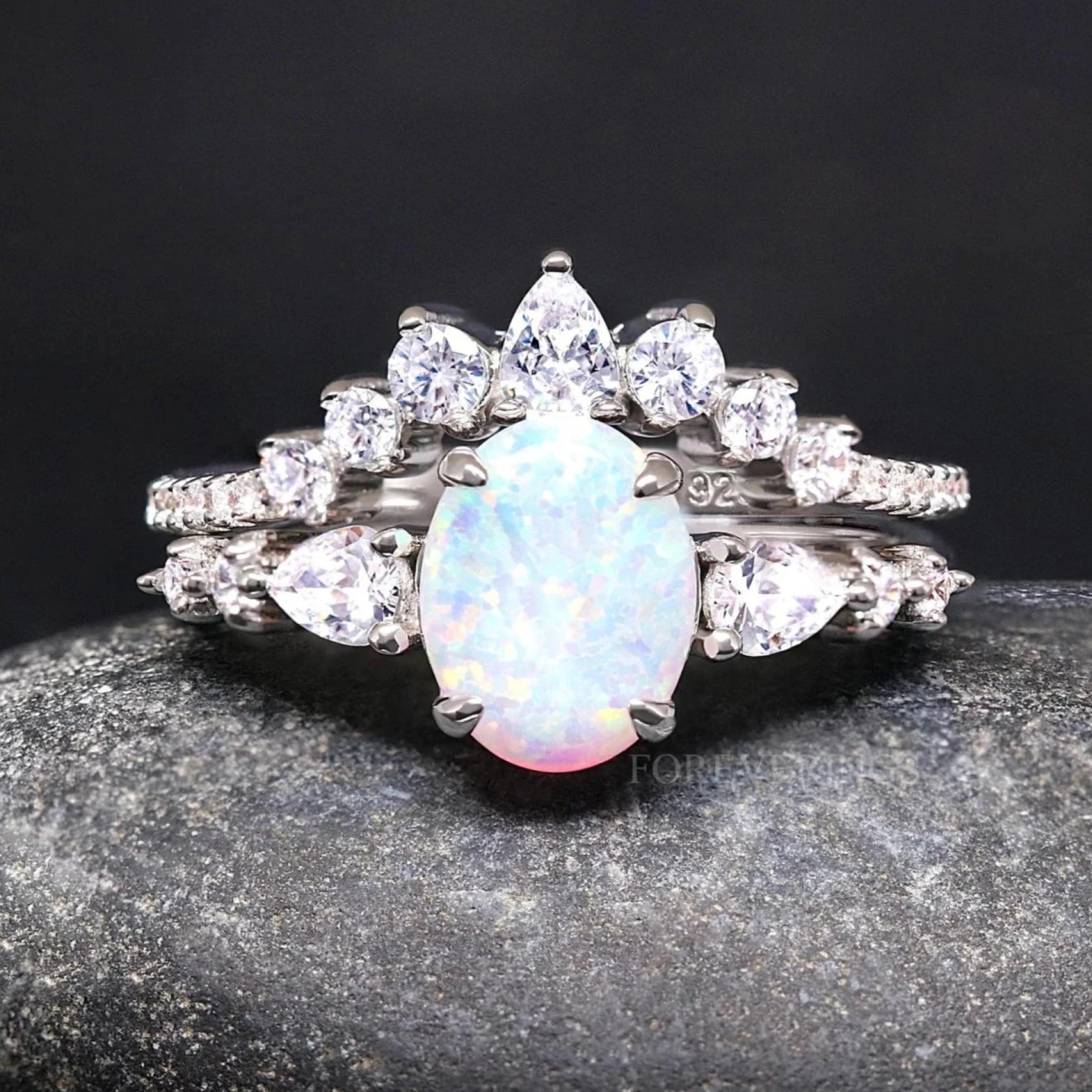 Vintage White Fire Opal Engagement Ring, Unique Silver Ring, Polished