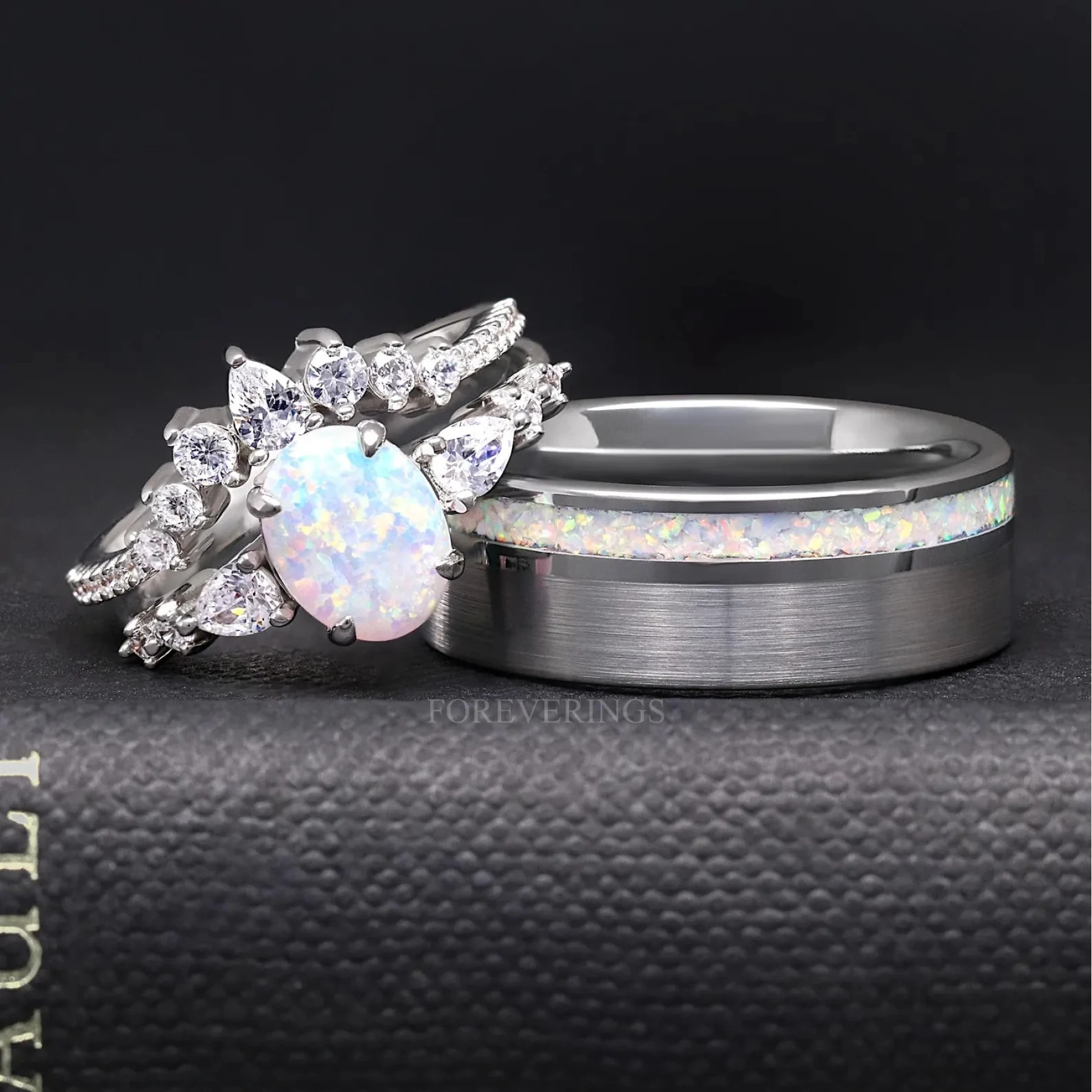 His and Hers White Fire Opal Ring Set, Matching Opal Ring, Silver Ring Set